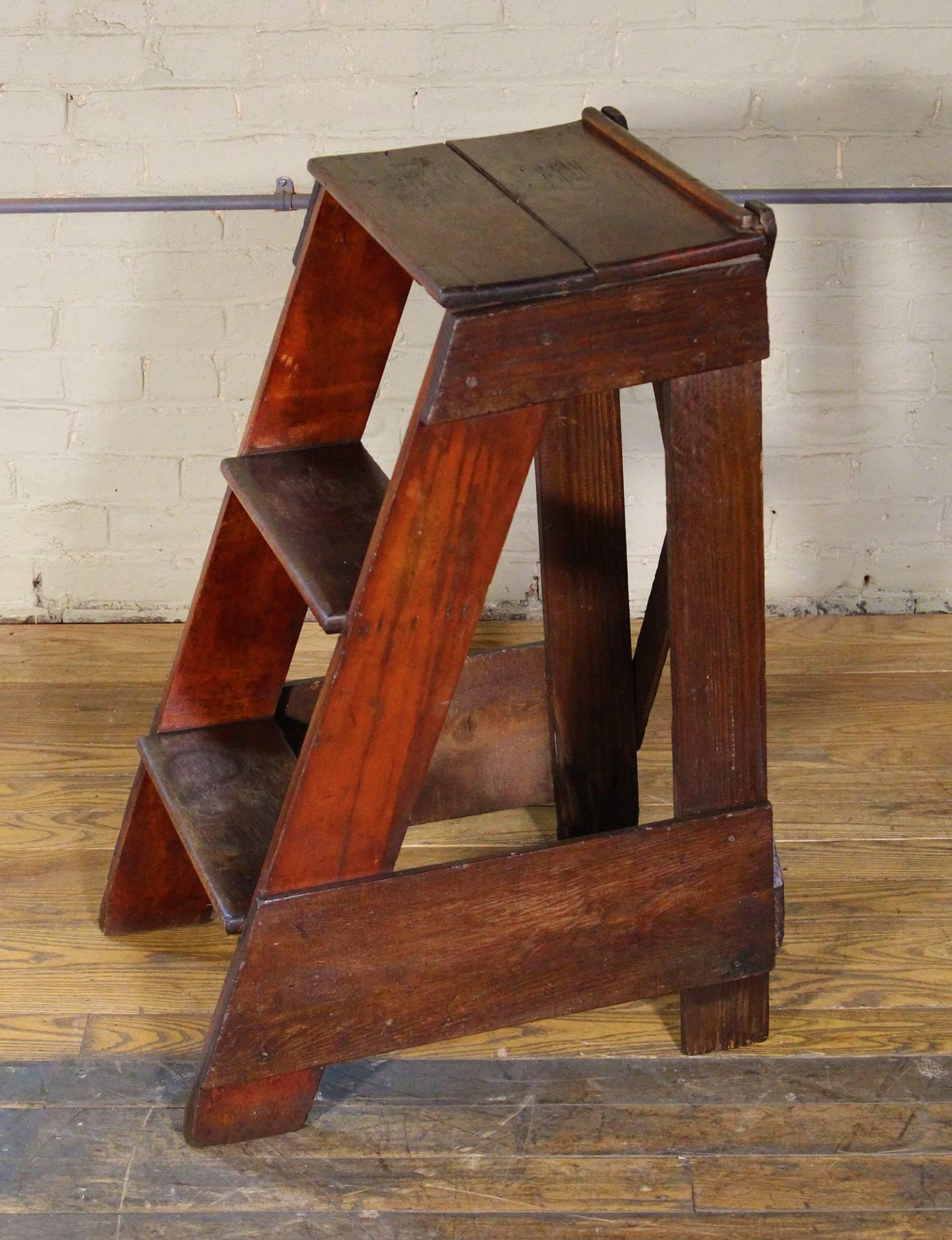 20th Century Wooden Step Ladder Vintage Antique Moveable Wood Factory Shop Ladder Stairs