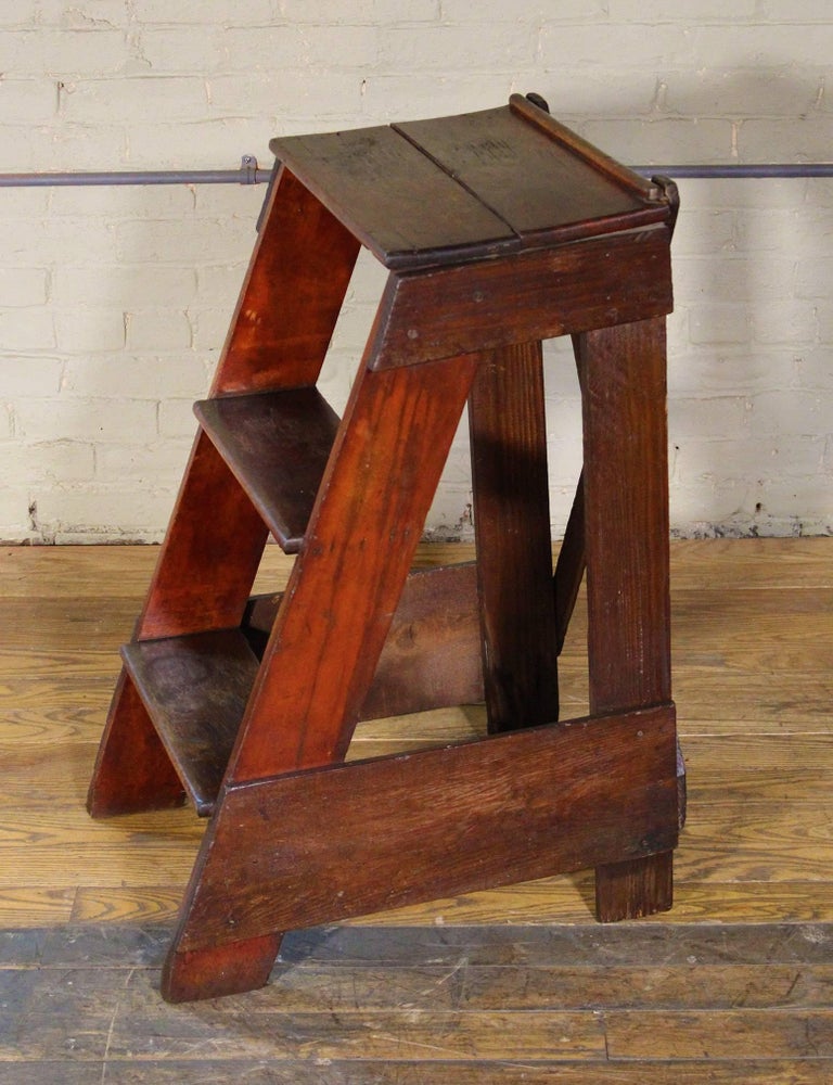 Wooden Step Ladder Vintage Antique Moveable Wood Factory