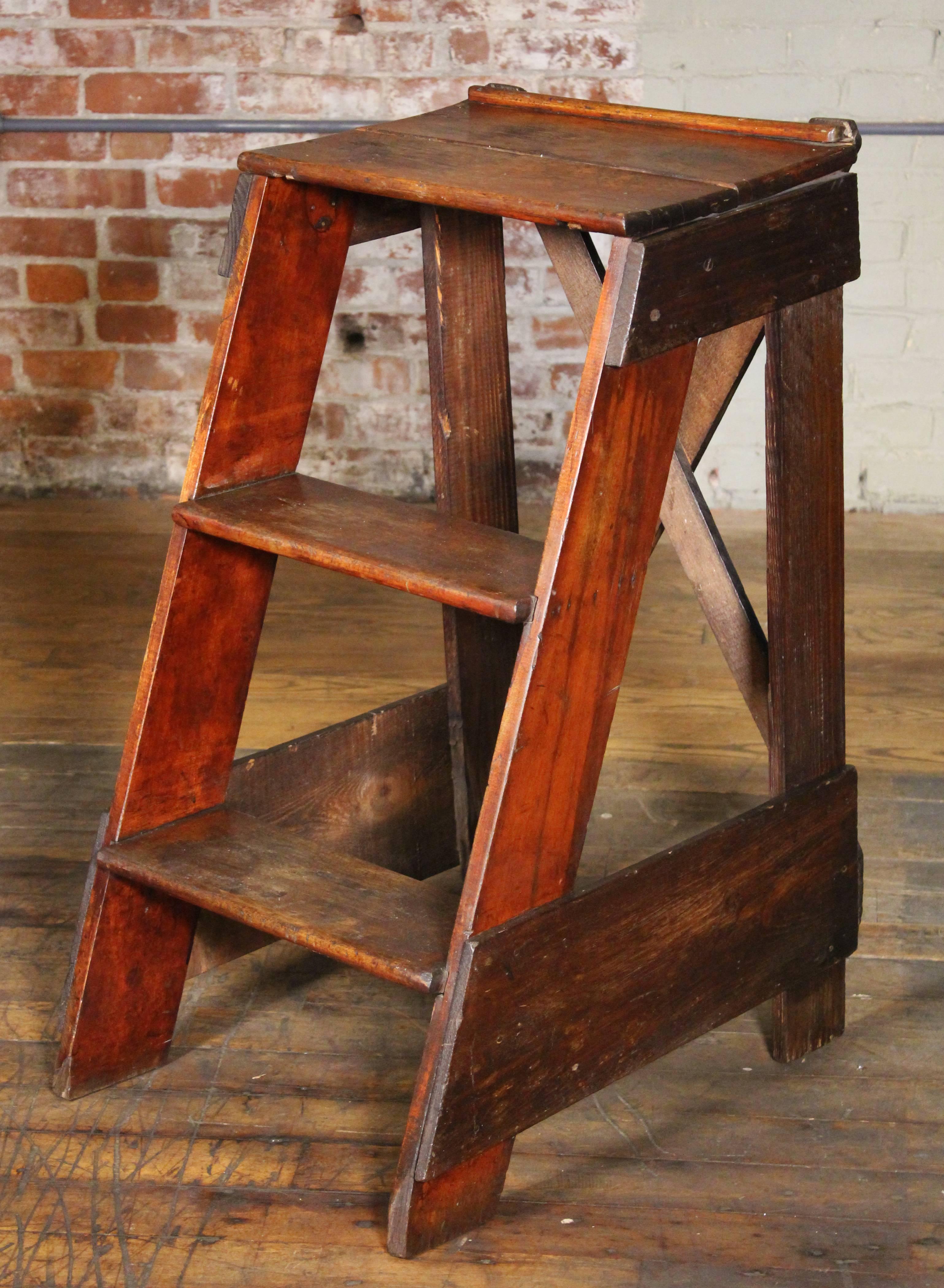 Primitive Wooden Step Ladder Vintage Antique Moveable Wood Factory Shop Ladder Stairs