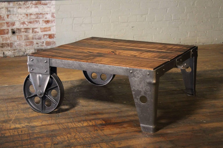 Authentic Vintage Industrial Cart Coffee Table Factory Shop Wood Steel