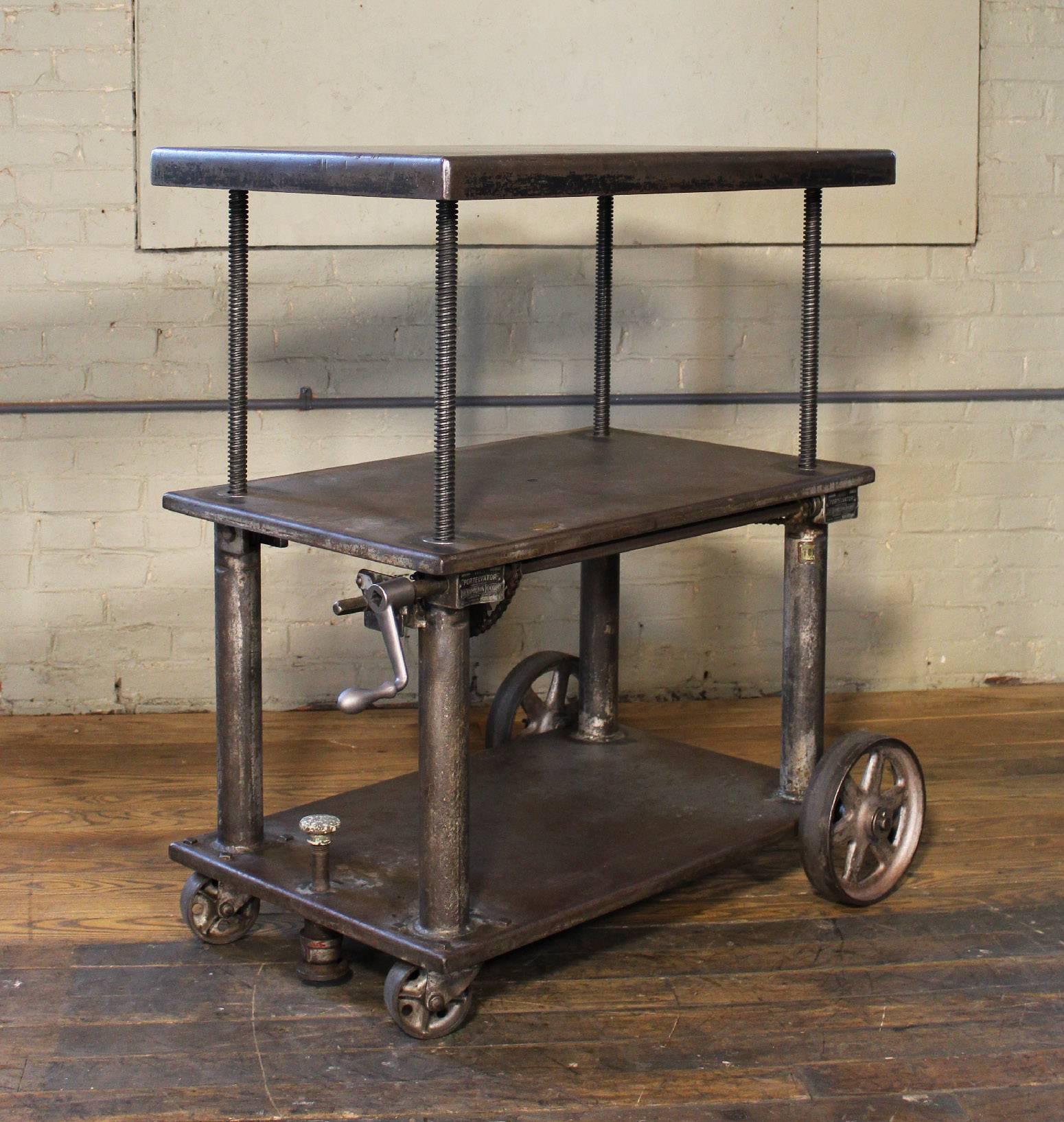 20th Century Bar Cart, Rolling Table Vintage Industrial Adjustable Steel Metal