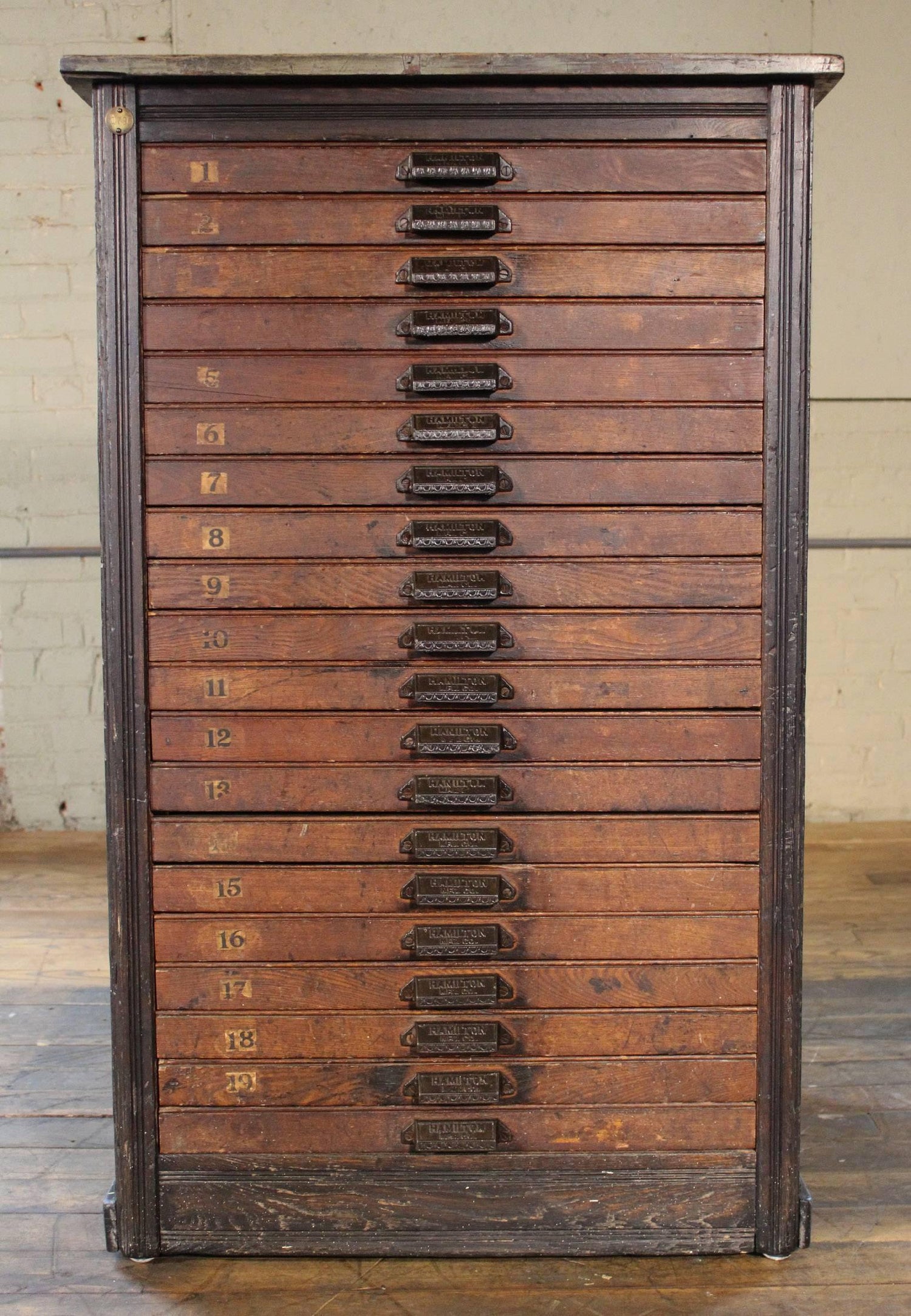 Vintage Hamilton Wooden Flat File Storage Cabinet Distressed