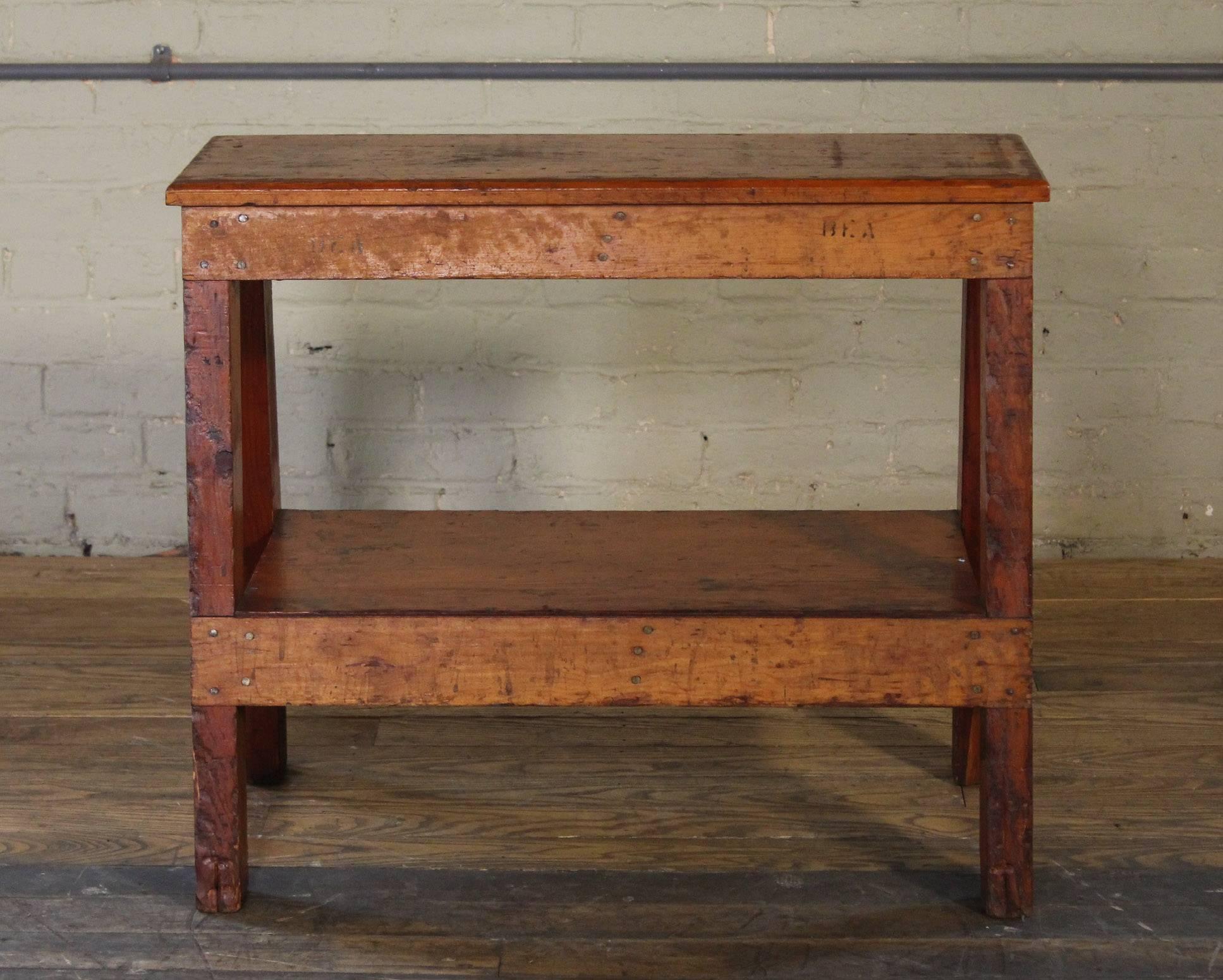20th Century Wooden Bench/Side or End Table Factory Shop Two-Tier Industrial