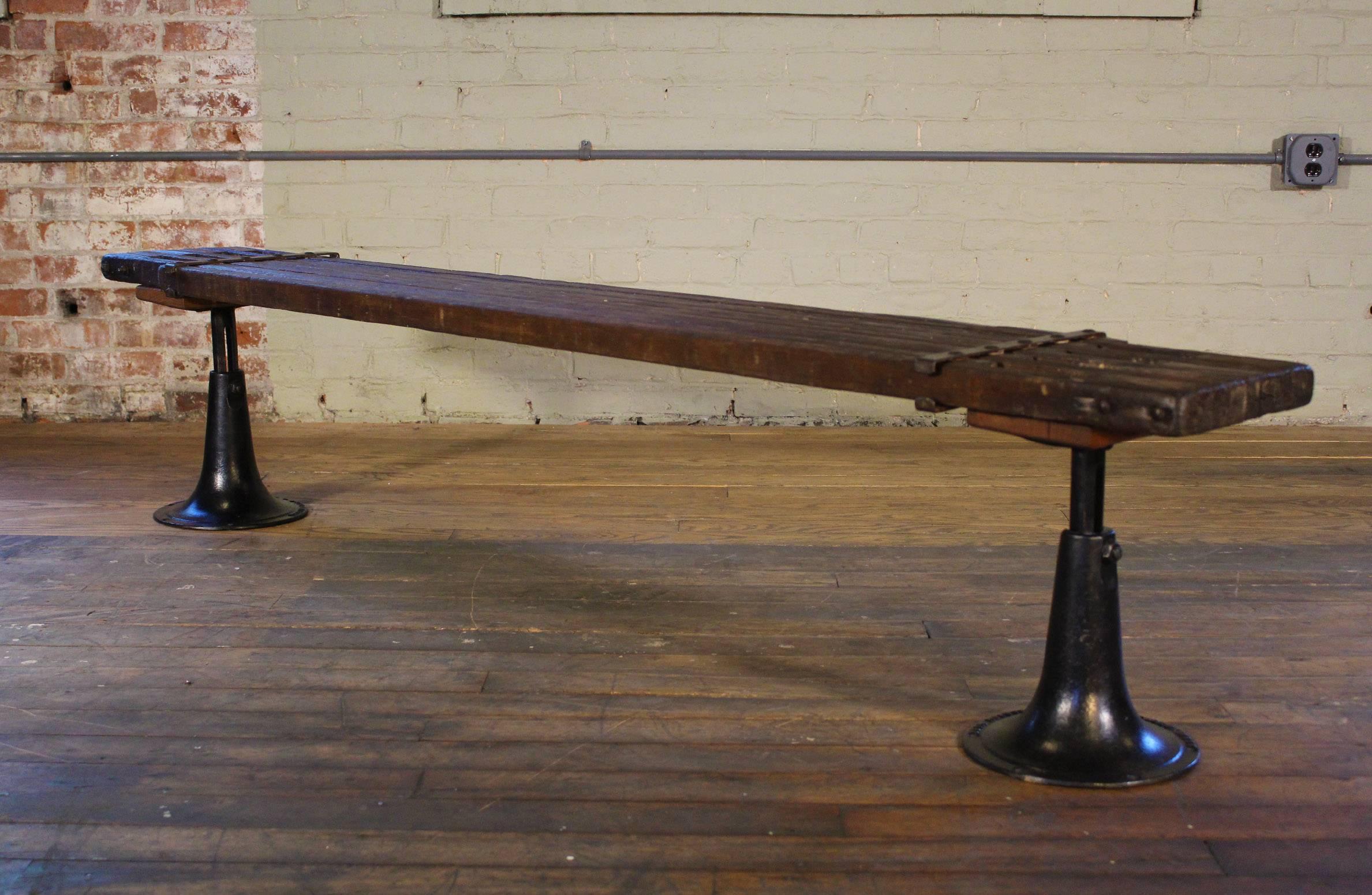 American Bench - Wood and Cast Iron Adjustable Seat Vintage Industrial
