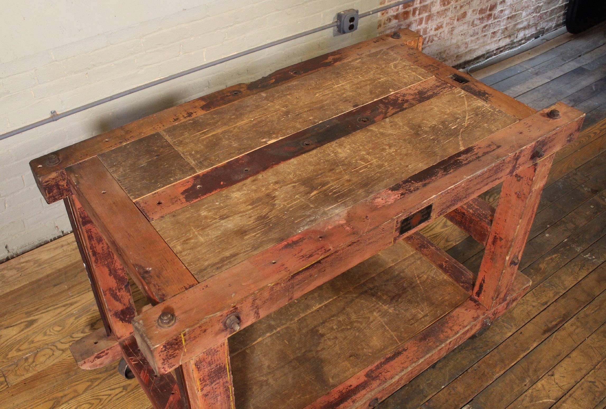 American Rolling Kitchen Island Table or Cart Rustic Vintage Wood, Metal and Cast Iron
