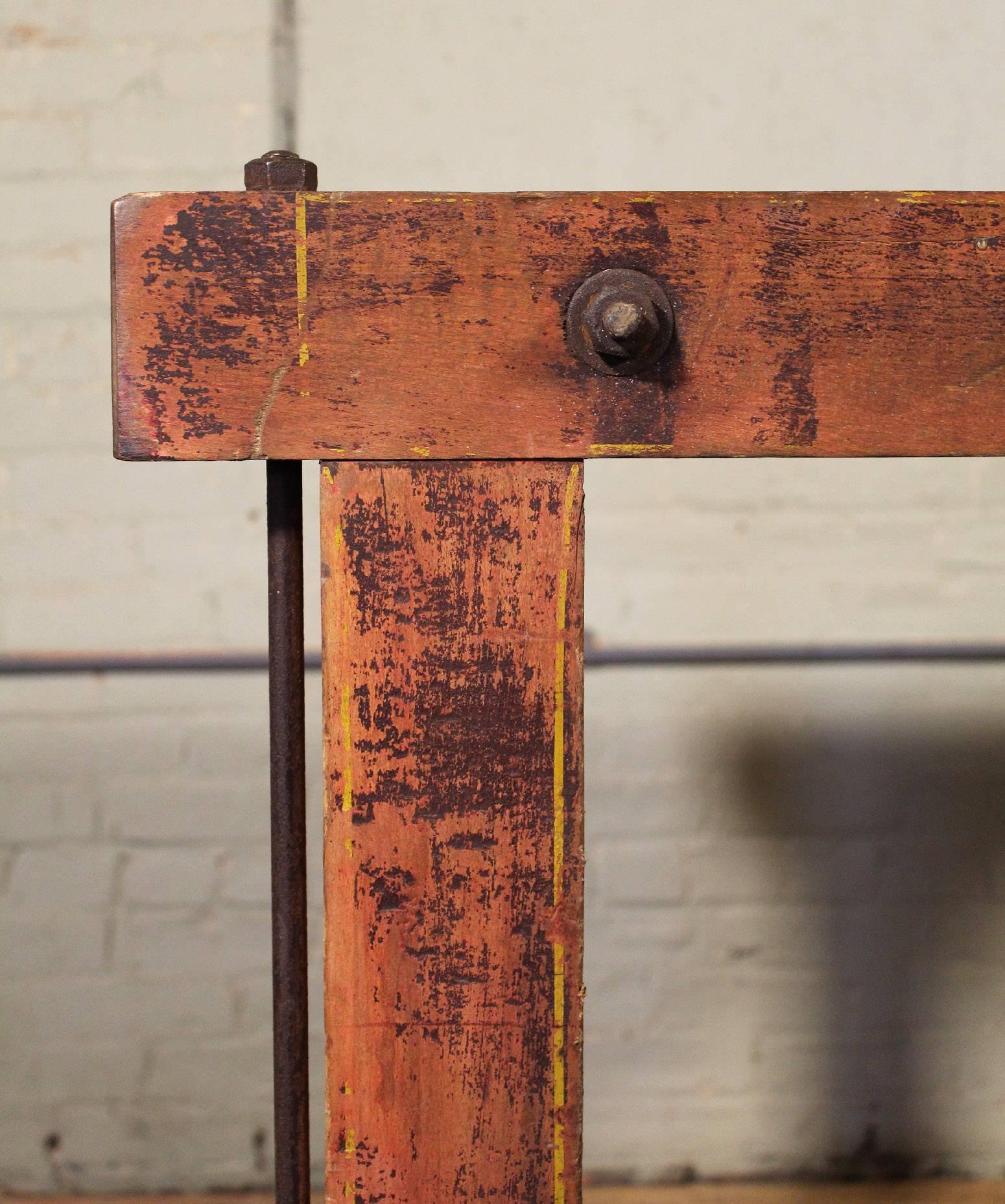 Rolling Kitchen Island Table or Cart Rustic Vintage Wood, Metal and Cast Iron In Distressed Condition In Oakville, CT