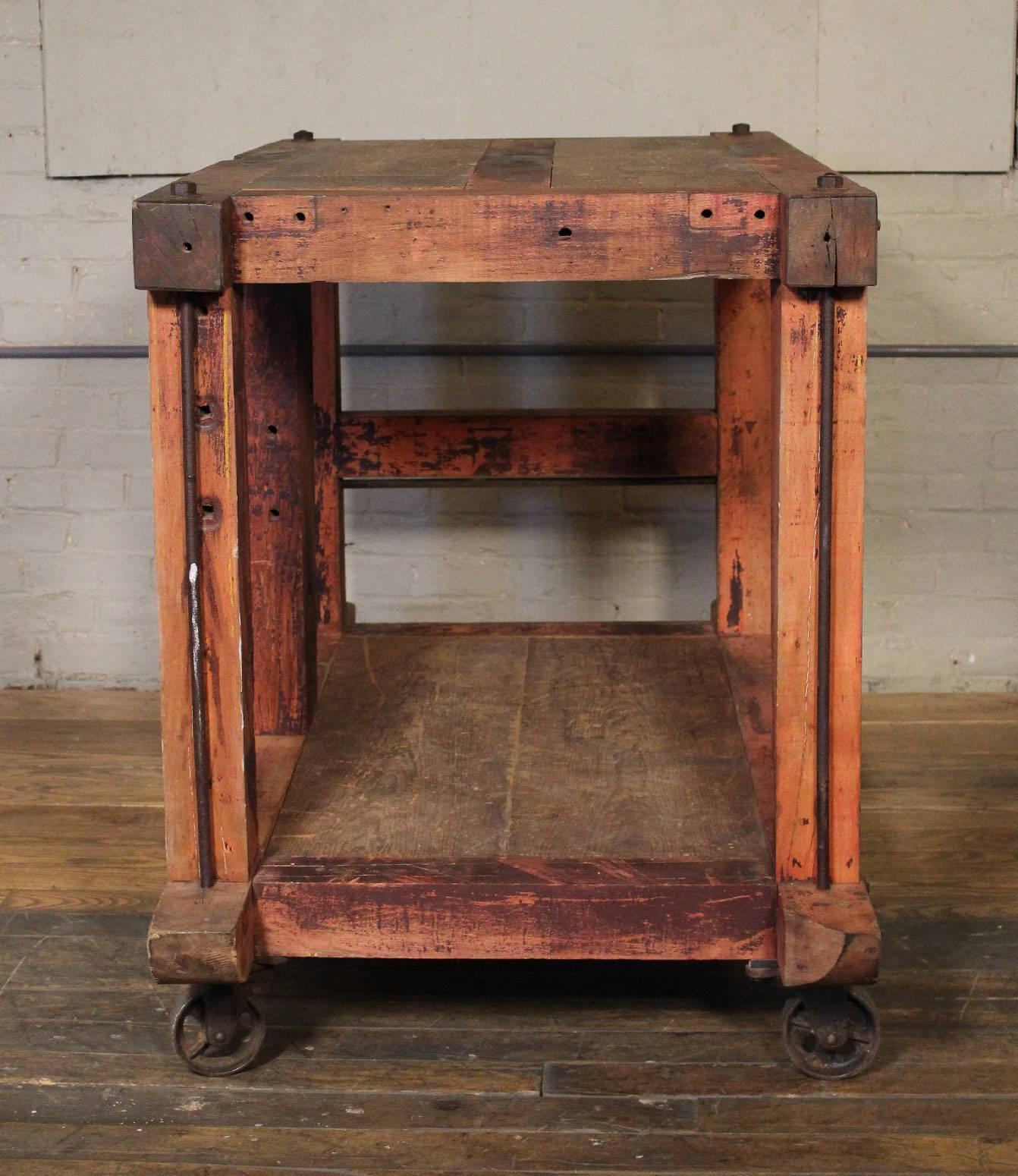 Rolling Kitchen Island Table or Cart Rustic Vintage Wood, Metal and Cast Iron 1