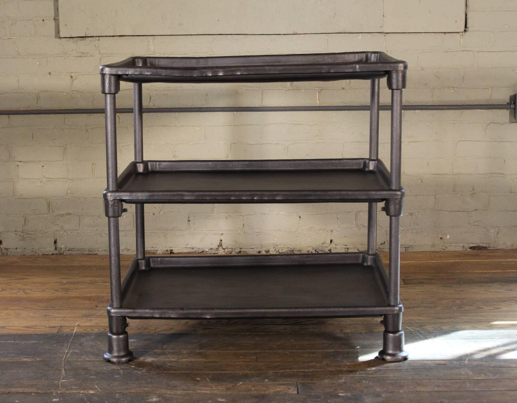 American Authentic Industrial Adjustable Three-Tier Table, Cast Iron and Steel
