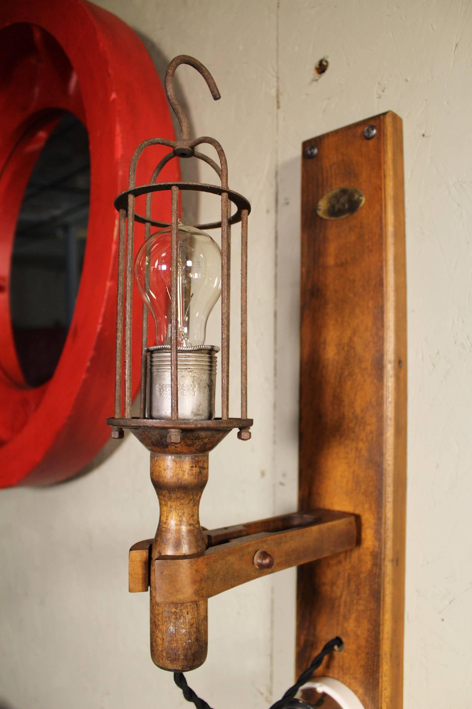 Industrial Antique Drop-Light Sconces with Oak Plaque Arrow Porcelain Rotary Switches, Pair