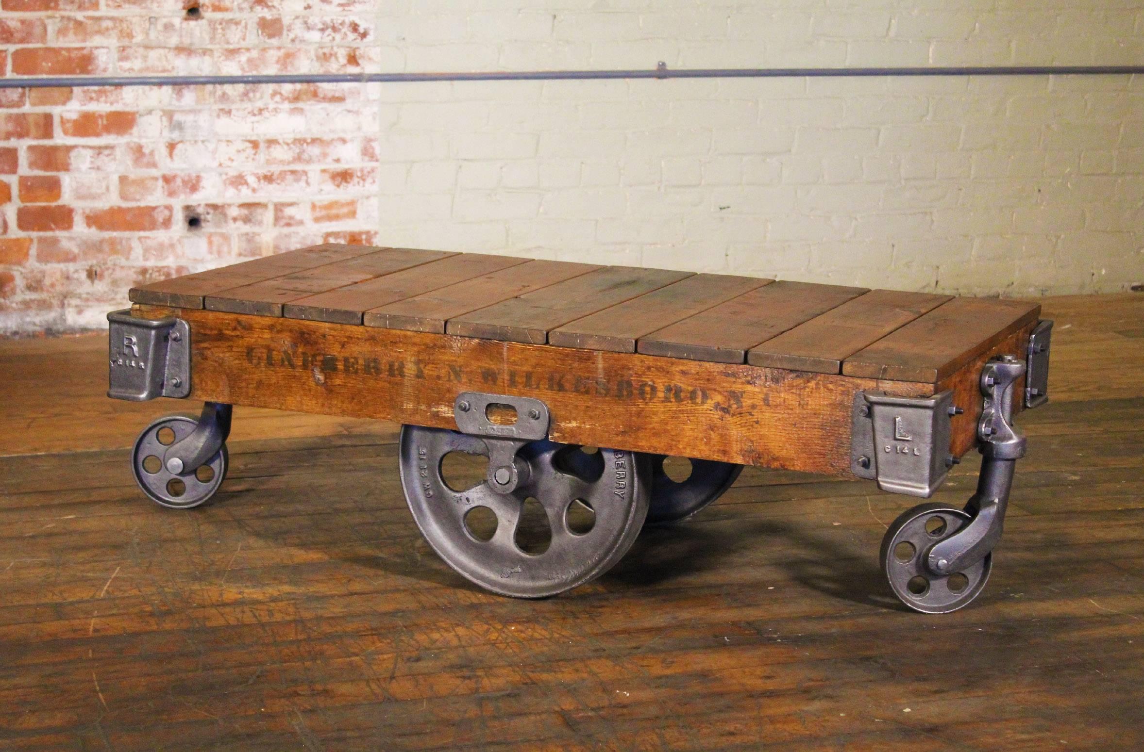 Vintage Industrial American made, rolling coffee table, 