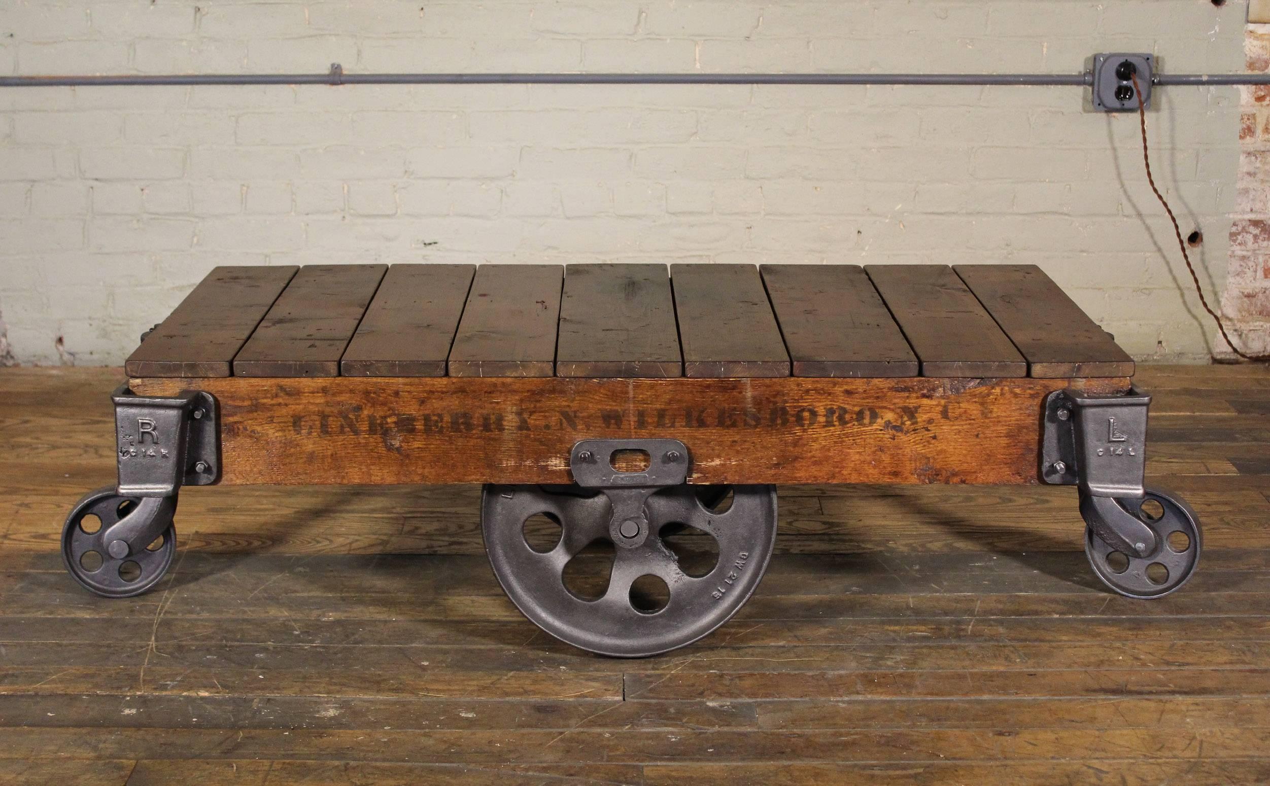 Vintage Industrial Rustic Wood and Cast Iron Factory Coffee Table Rolling Cart 1