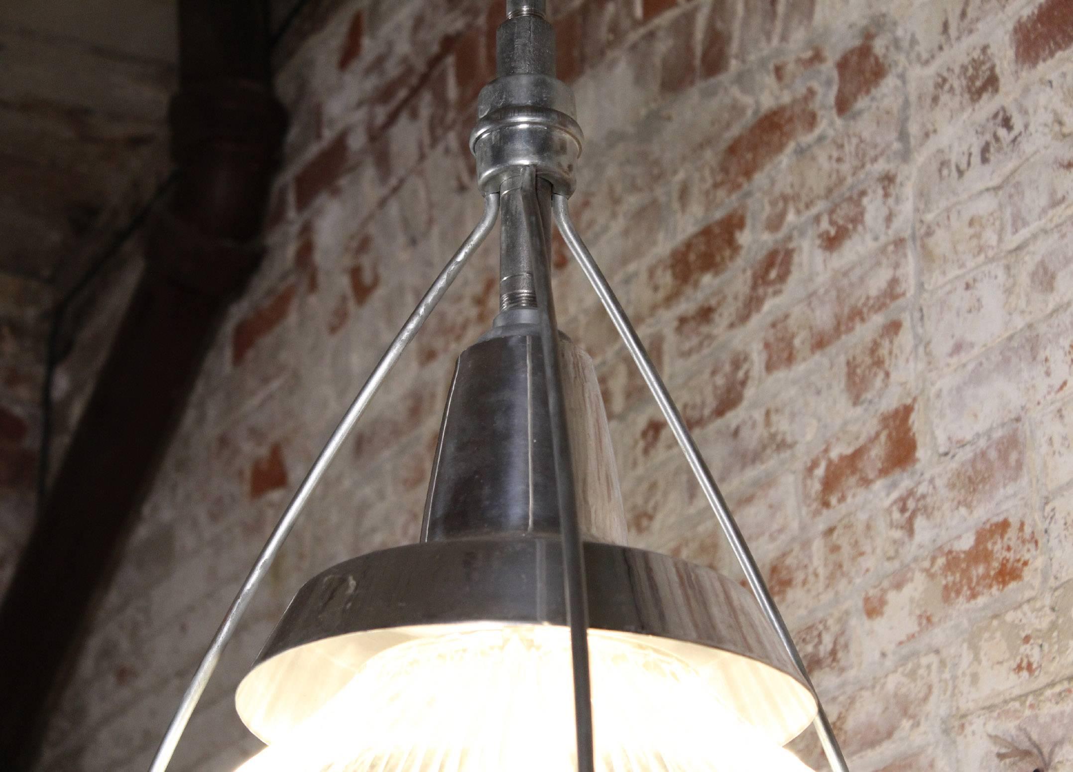 Vintage Industrial Three-Bulb Glass Holophane Pendant Hanging Light 1