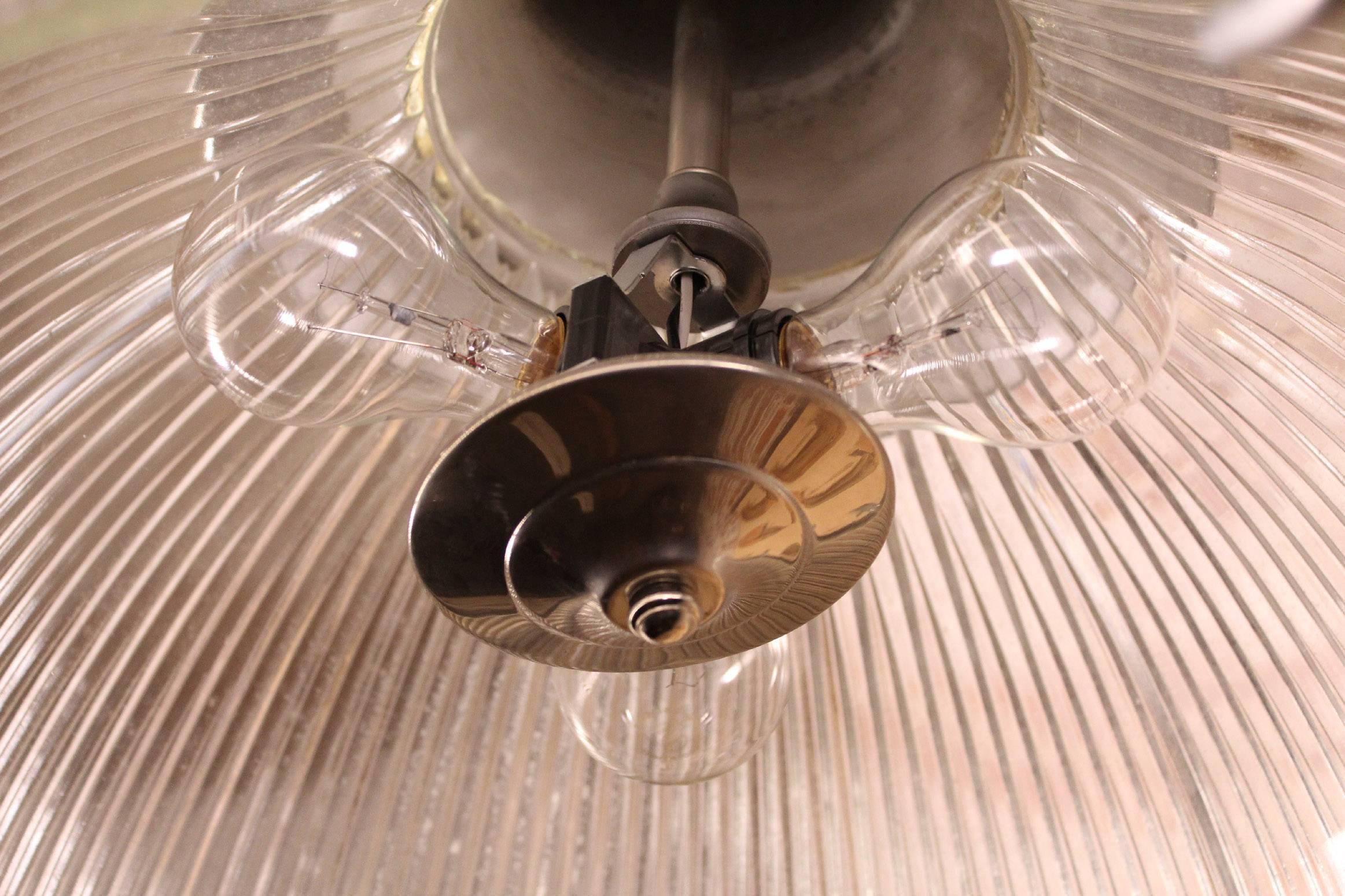 Vintage Industrial Three-Bulb Glass Holophane Pendant Hanging Light 2