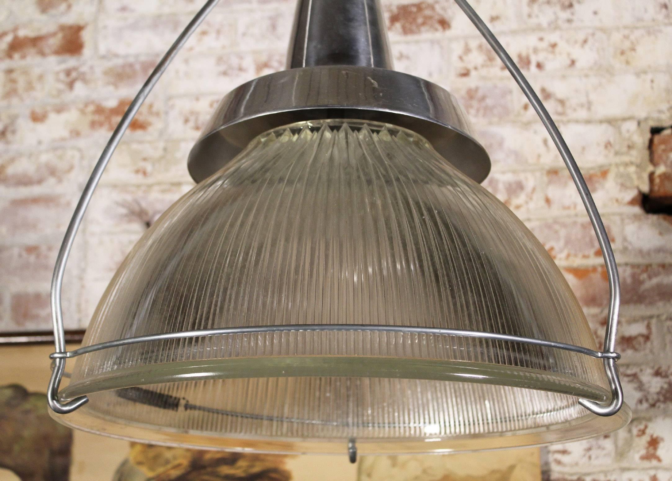 Vintage Industrial Three-Bulb Glass Holophane Pendant Hanging Light 3