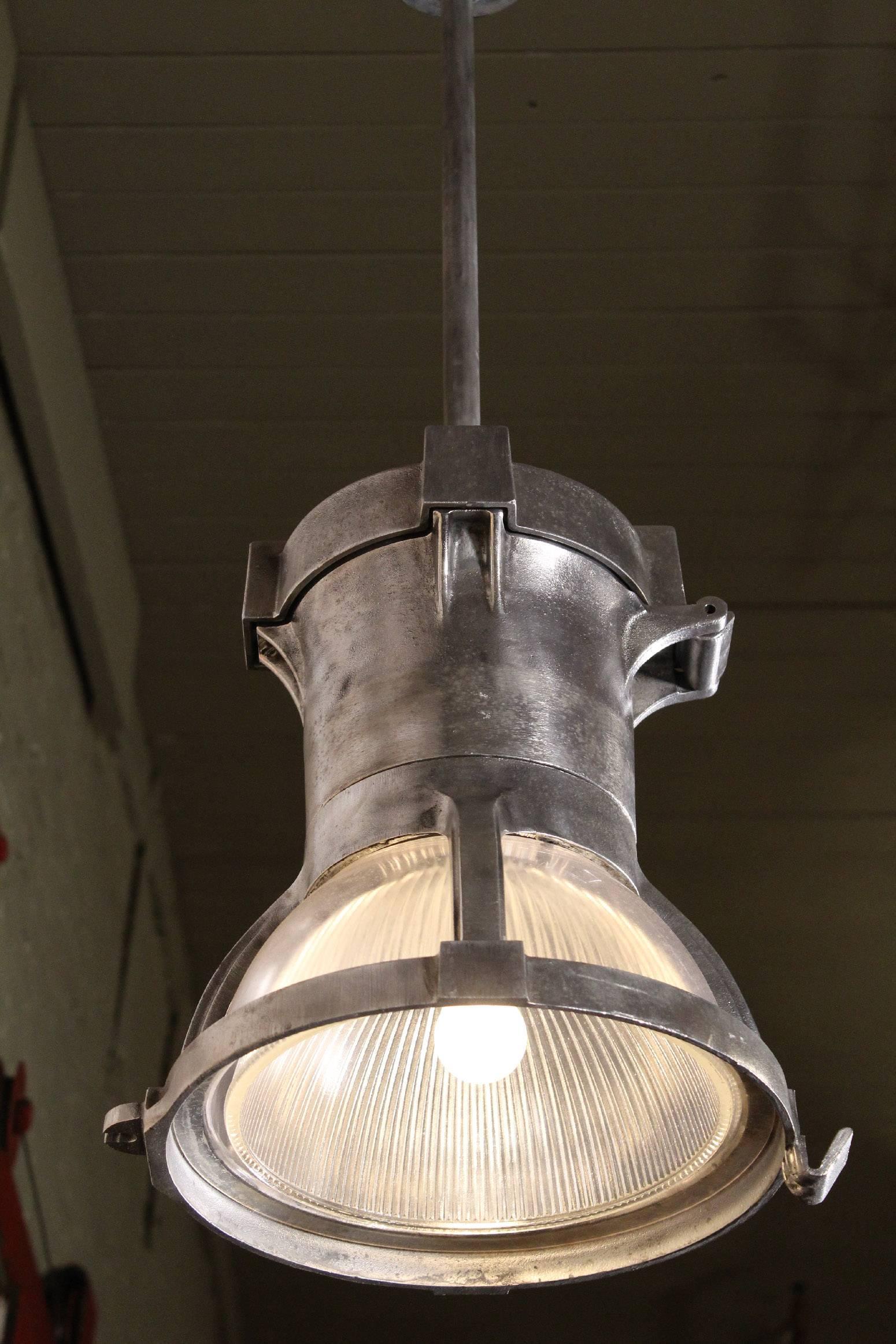 Vintage Industrial Cast Iron and Ribbed Glass Pendant In Good Condition In Oakville, CT