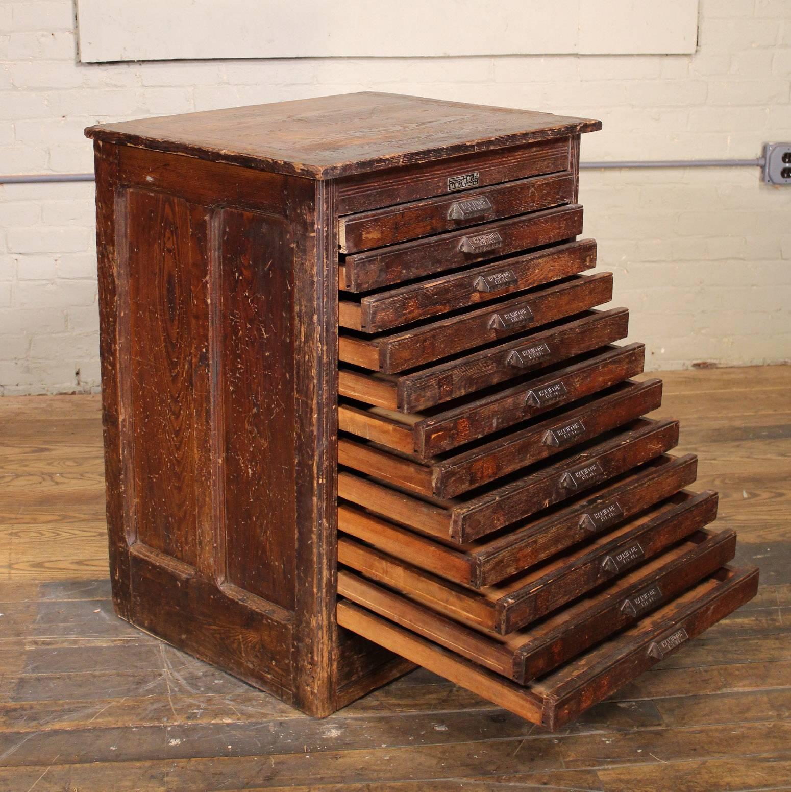 Vintage Wooden Flat File Storage Cabinet by Hamilton In Distressed Condition In Oakville, CT
