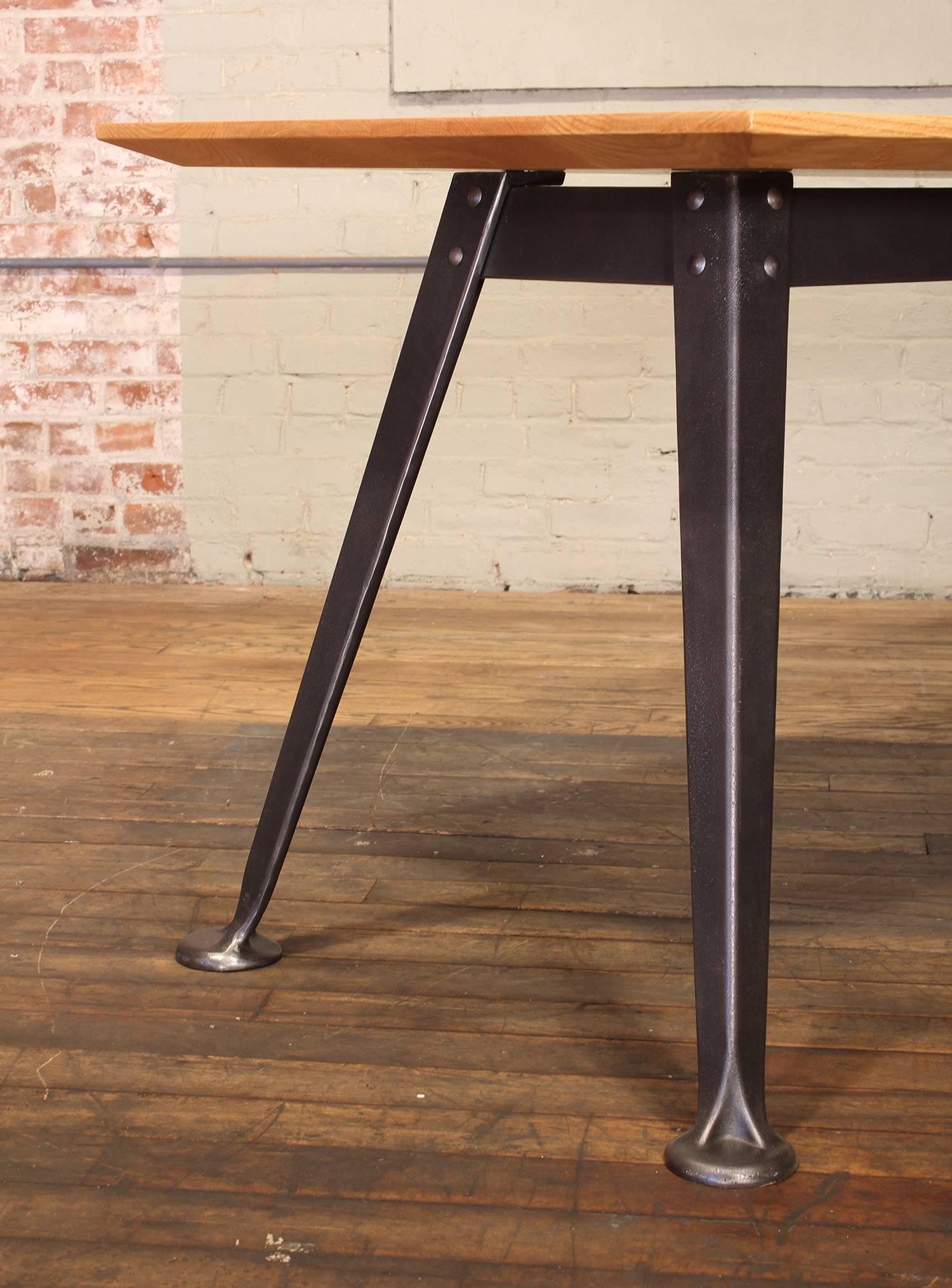 Metal Bespoke Industrial Oak and Cast Iron Splay-Leg Table For Sale