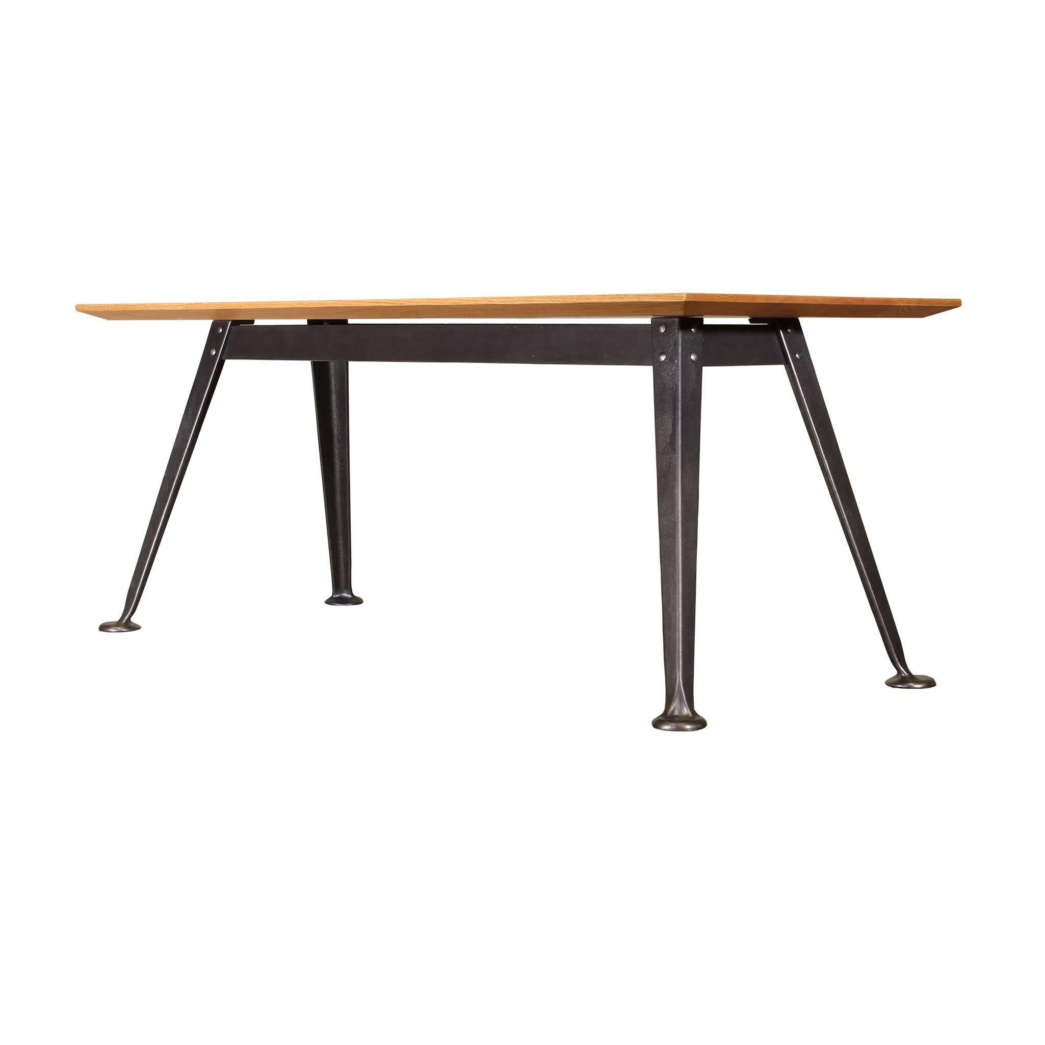 Bespoke cast iron, steel and oak splay-leg Industrial modern style desk, table / table base. Built and cast in the United States. Many wood species and finished are available for the top. Base can be sold separately and made in different sizes.  