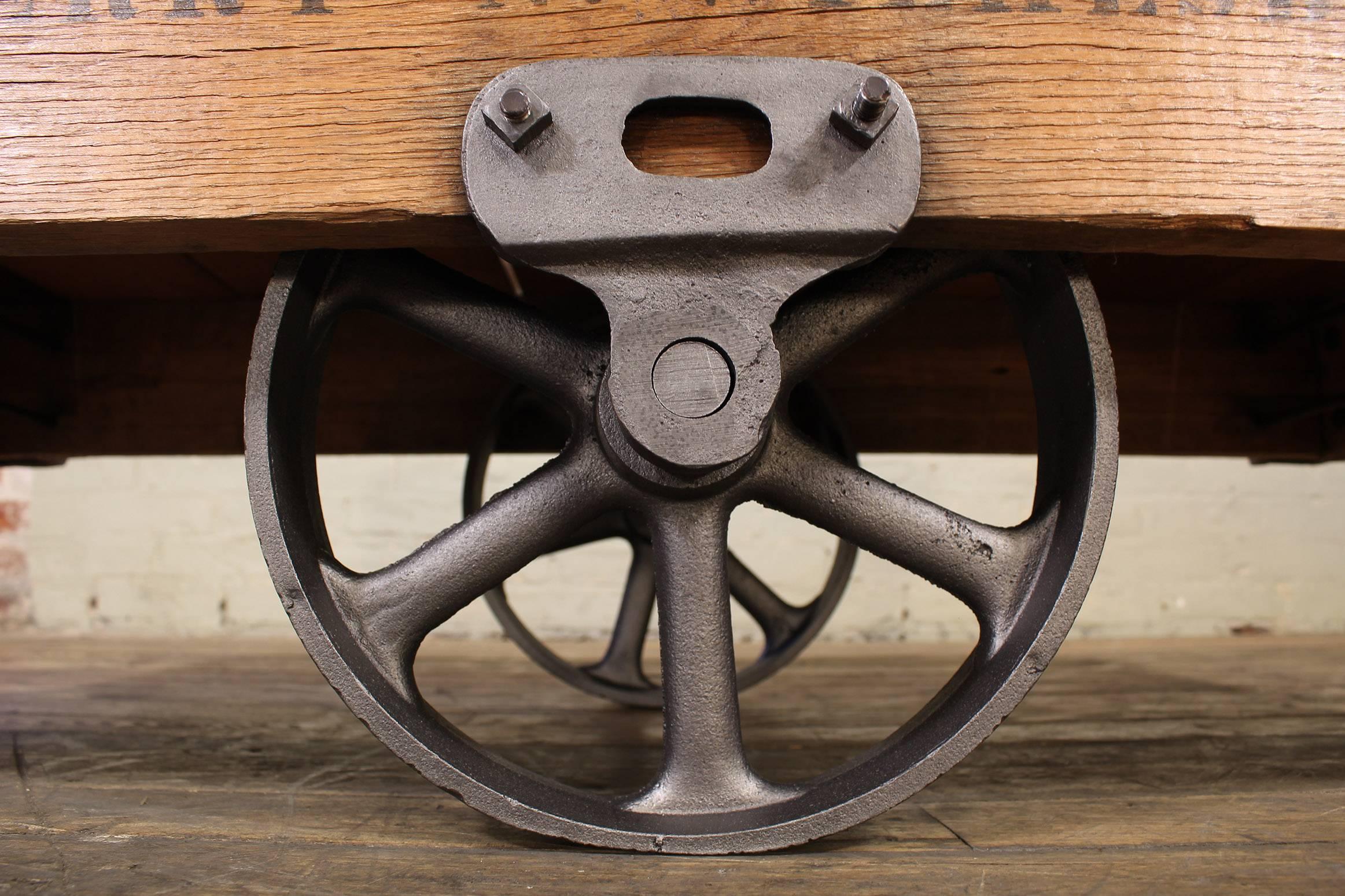 20th Century Vintage Rolling Cart Coffee Table Industrial Rustic Wood and Cast Iron Factory  