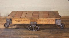 Vintage Rolling Cart Coffee Table Industrial Rustic Wood and Cast Iron Factory
