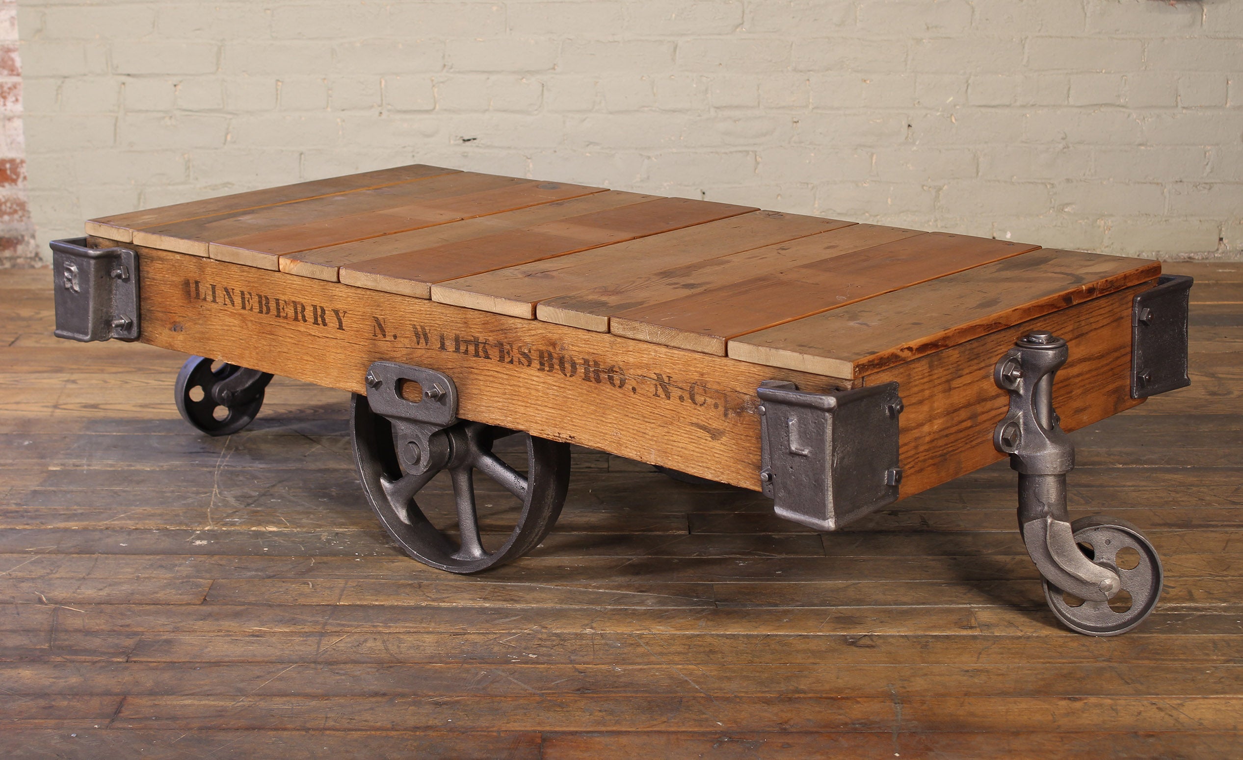 Vintage Rolling Cart Coffee Table Industrial Rustic Wood And Cast Iron Factory At 1stdibs
