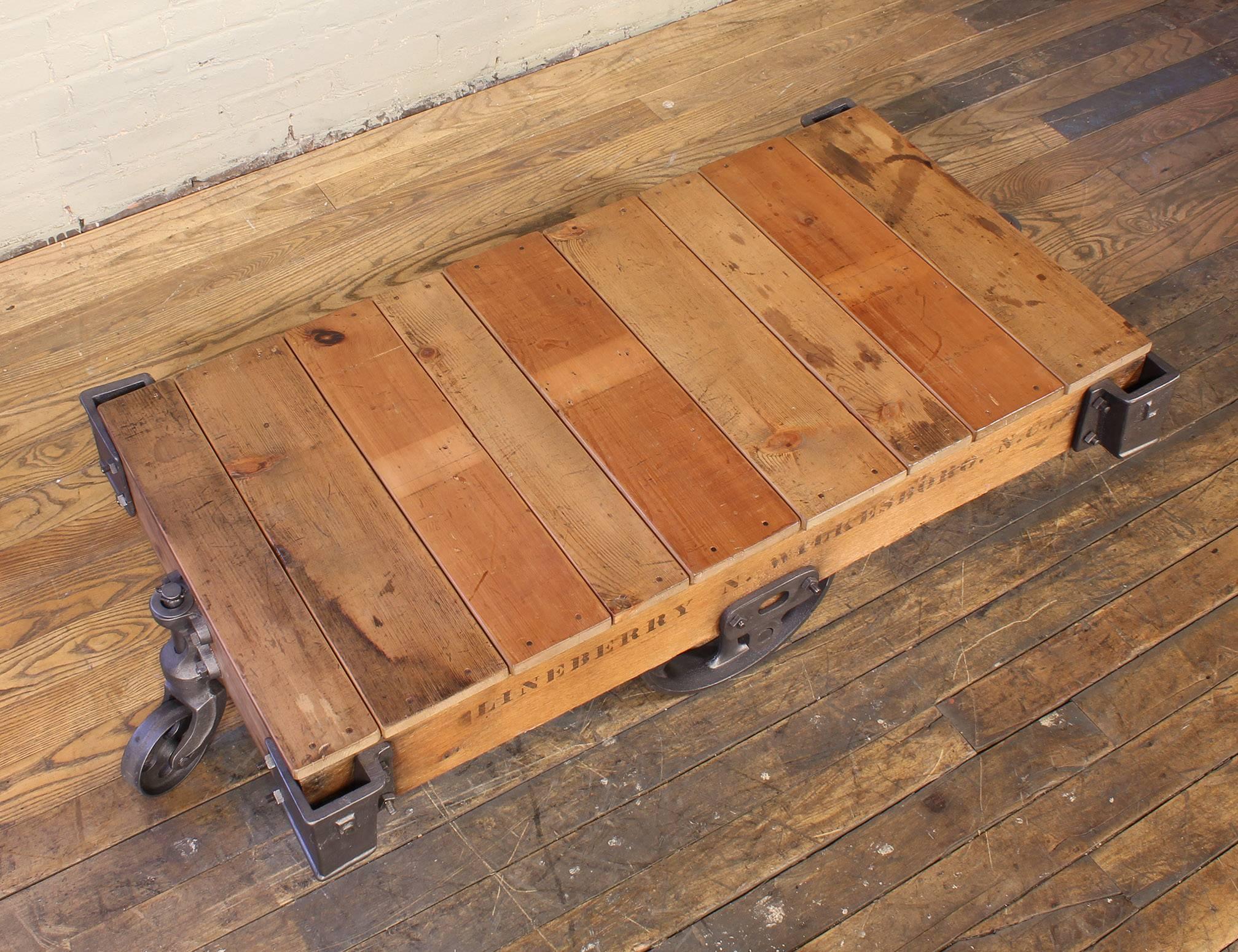 Steel Vintage Rolling Cart Coffee Table Industrial Rustic Wood and Cast Iron Factory