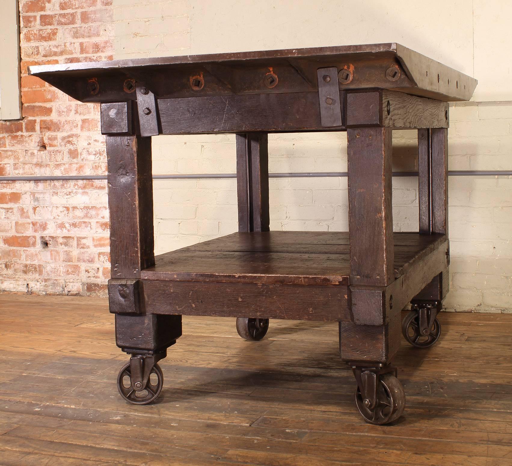 Steel Rolling Table Kitchen Island, Wood and Cast Iron