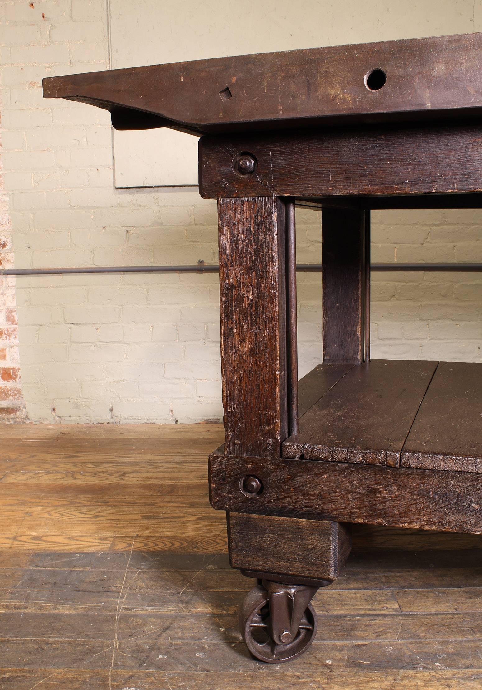 20th Century Rolling Table Kitchen Island, Wood and Cast Iron