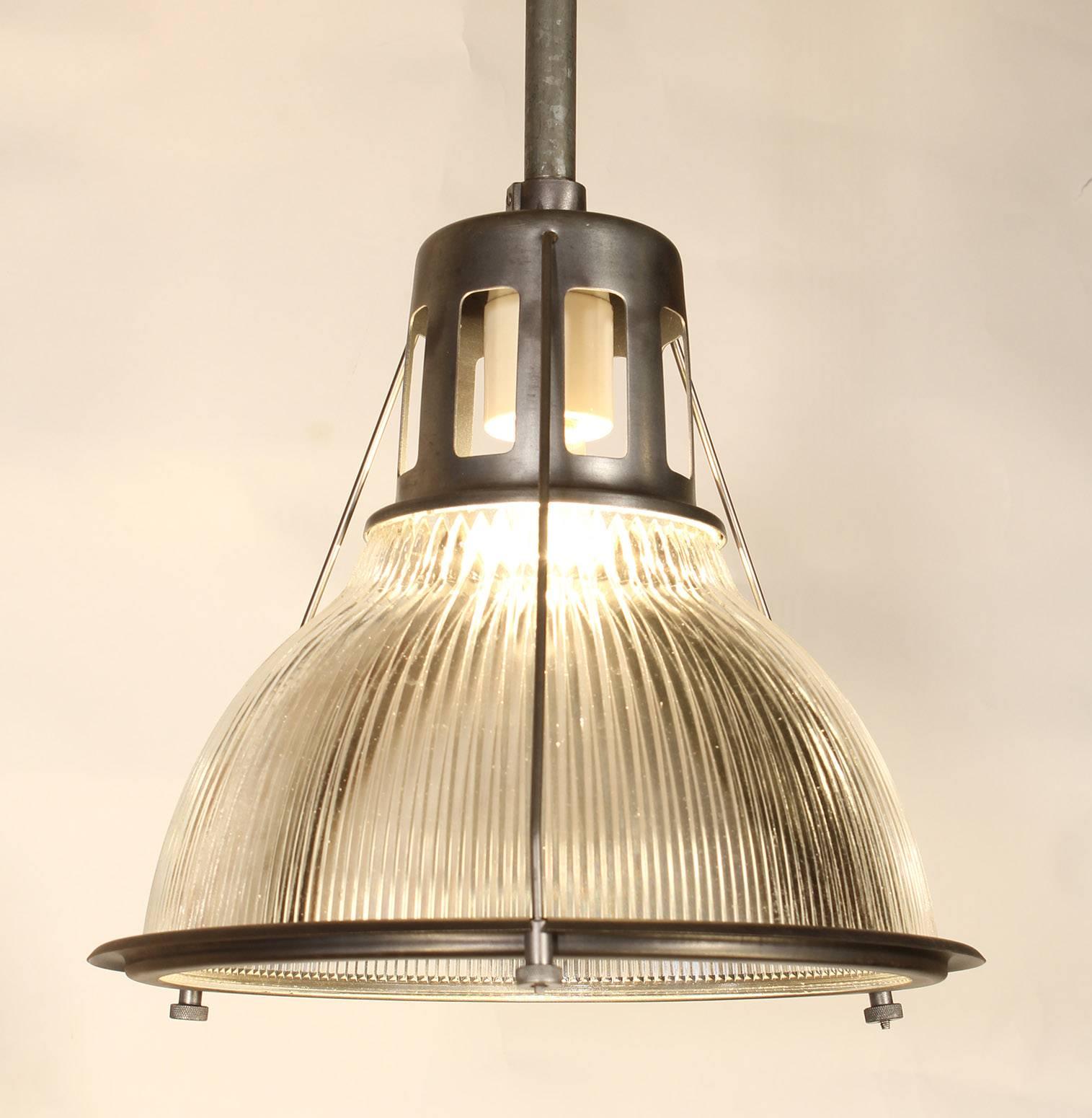 Vintage industrial glass & metal ceiling authentic original Holophane pendant lamp, light.  Pole cut to your specifications. Hook or disc supplied. 