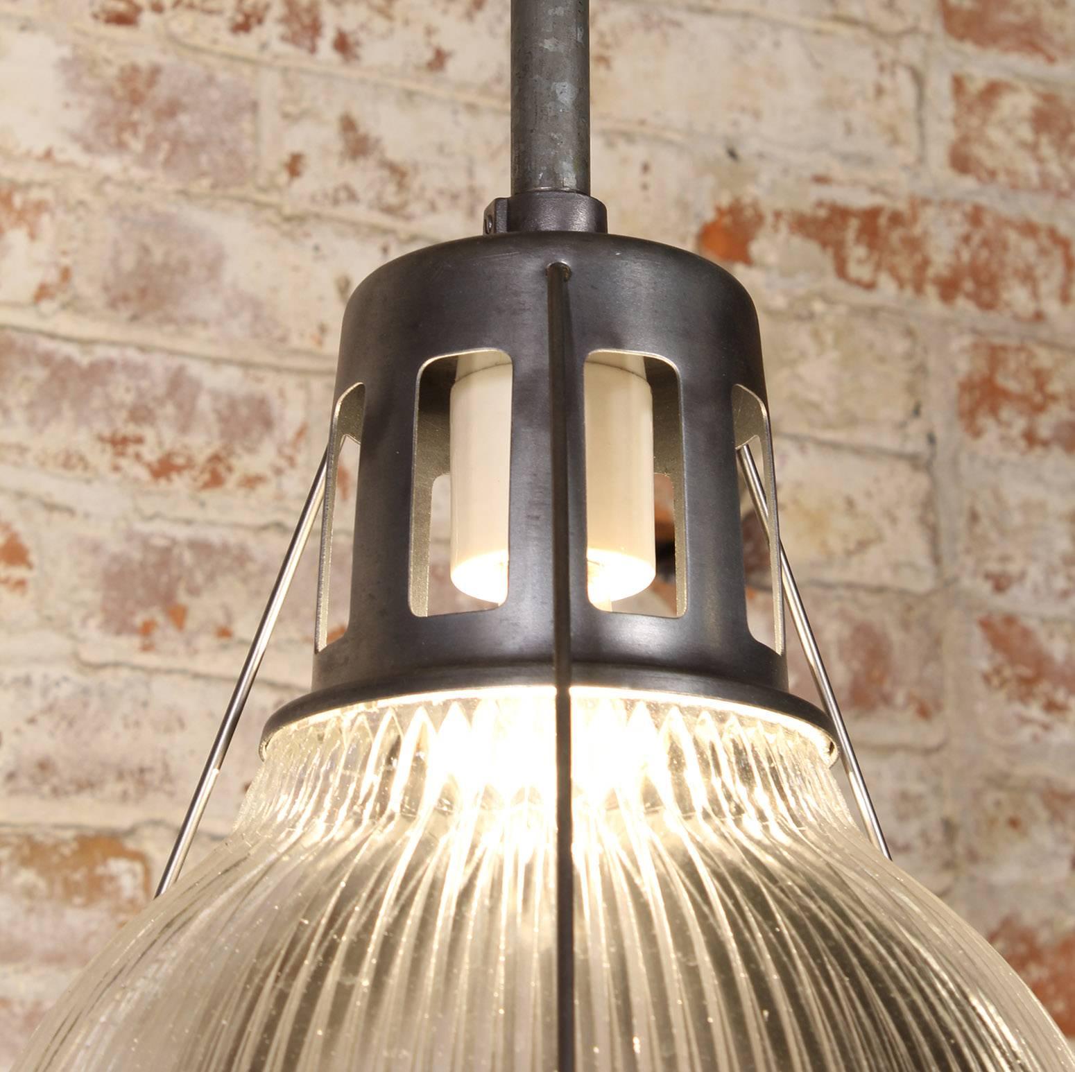 20th Century Vintage Holophane Pendant Light, Lamp Metal and Glass