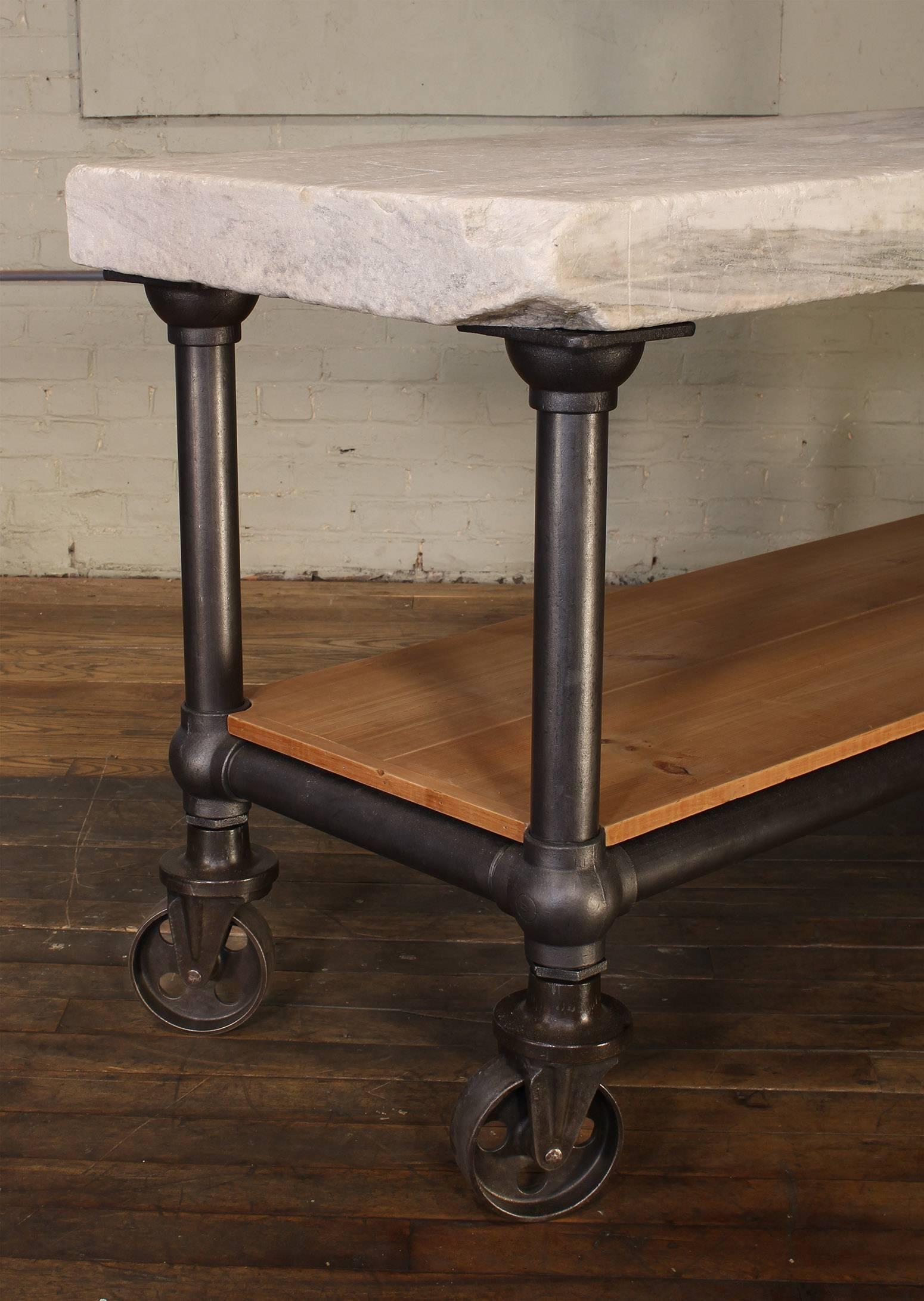 Industrial Marble Slab Kitchen Island Rolling Table In Distressed Condition In Oakville, CT