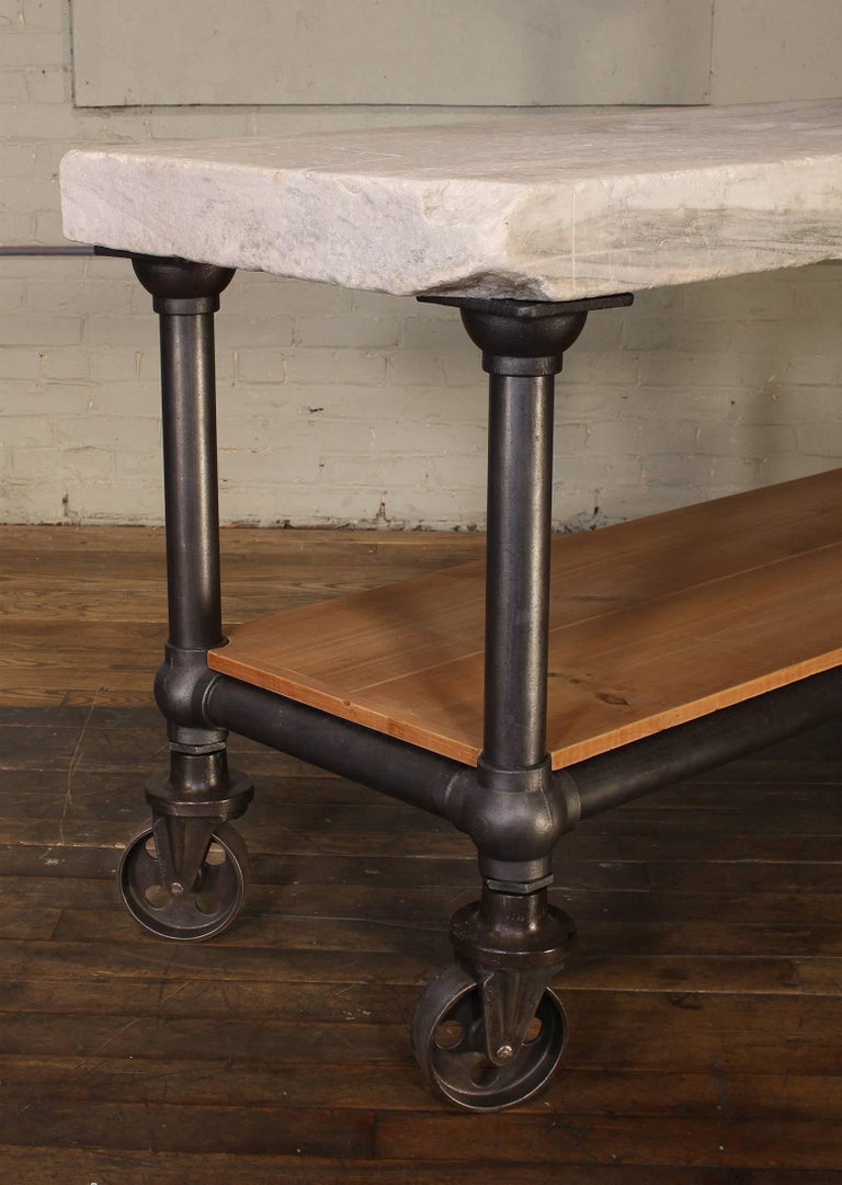 Industrial Marble Slab Kitchen Island Rolling Table at 1stdibs