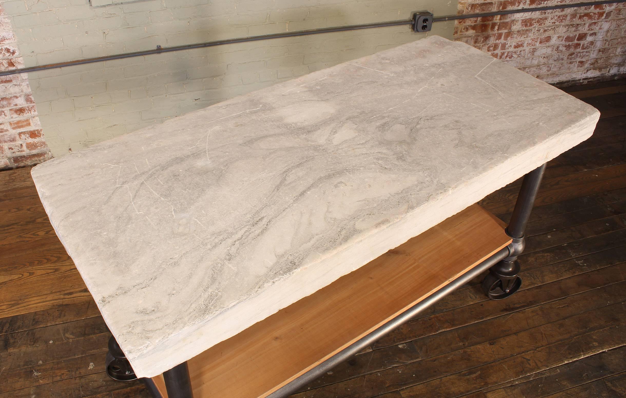 Cast Industrial Marble Slab Kitchen Island Rolling Table