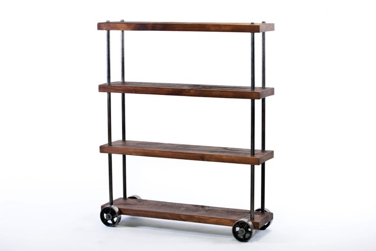 Industrial wood and steel, iron storage shelving rolling cart on casters shelf heights are 5 1/2