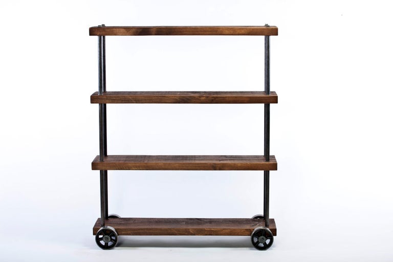 Industrial Rolling Cart Wood and Steel, Iron Storage Shelving on Castors In Distressed Condition For Sale In Oakville, CT