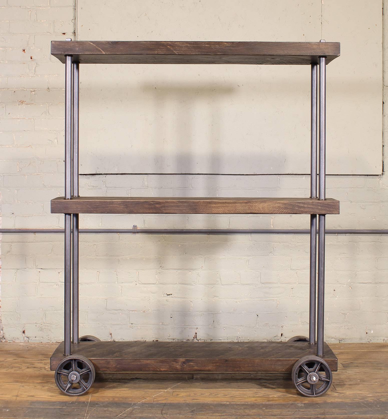 Industrial Rolling Shelving Storage Rack Bookcase, Rough Sawn Pine and Cast Iron In Excellent Condition For Sale In Oakville, CT