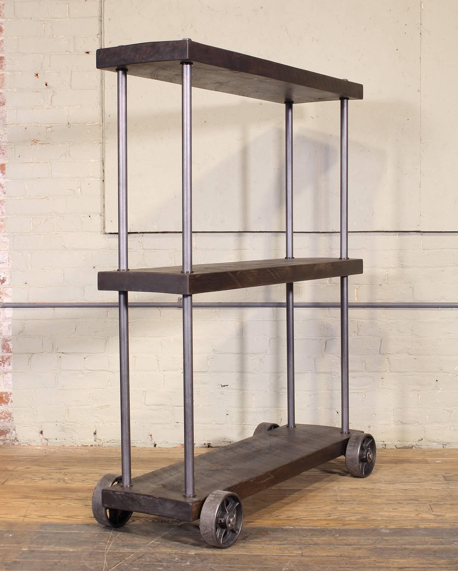 Industrial Rolling Shelving Storage Rack Bookcase, Rough Sawn Pine and Cast Iron For Sale 3