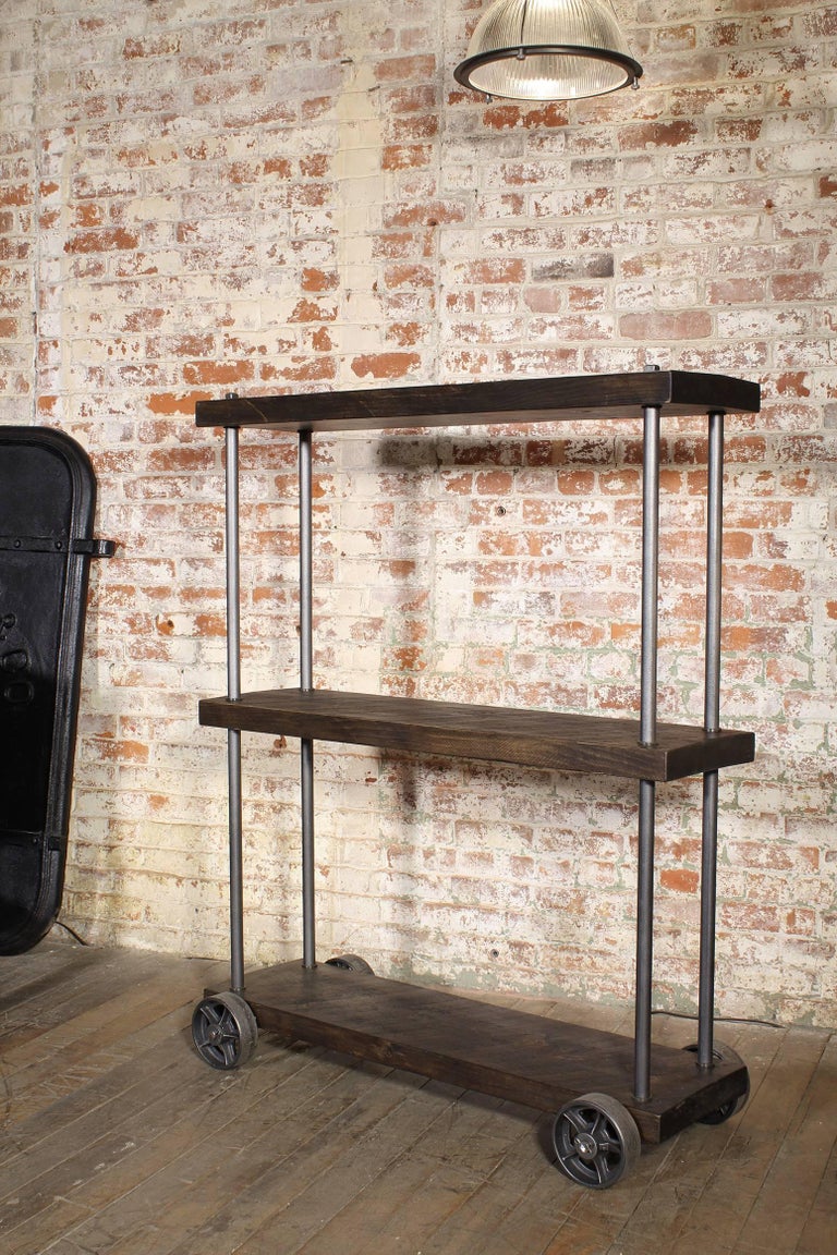 Industrial Rolling Shelving Storage Rack Bookcase, Rough Sawn Pine and