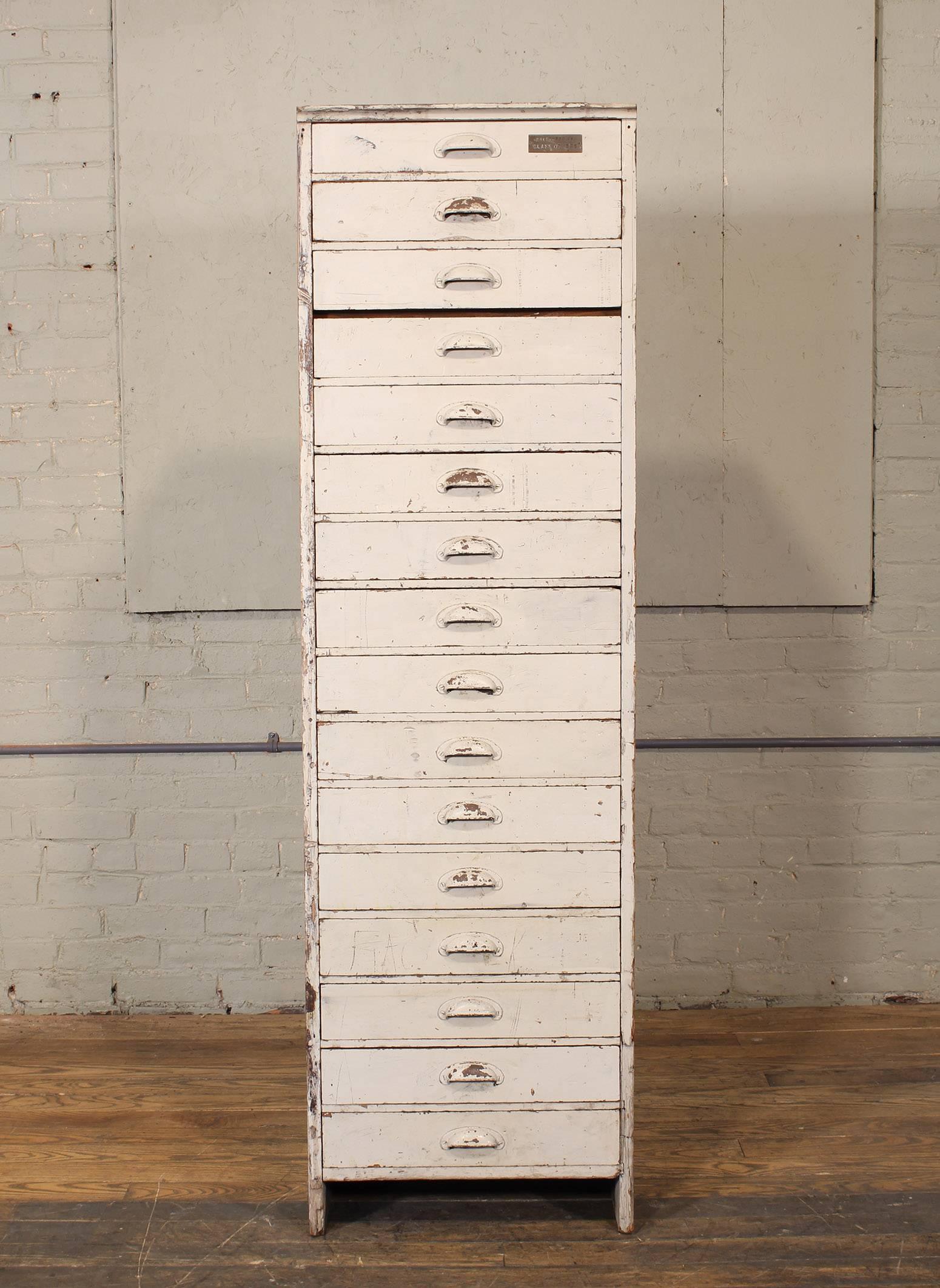 Antique upright wooden storage cabinet / chest of drawers. Inside drawer dimensions measure 16 1/2