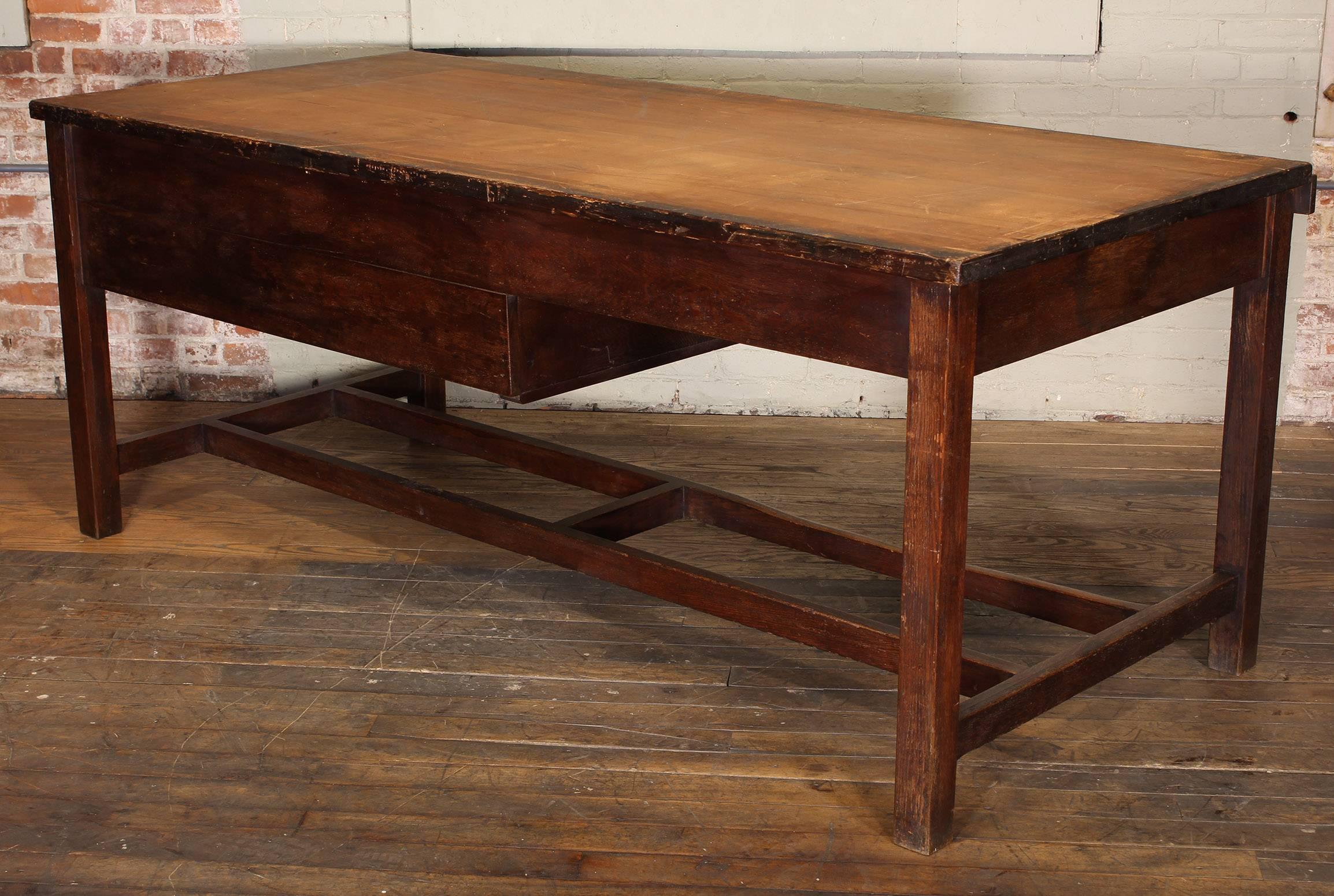 20th Century Vintage Wooden Draftsman's Desk, Table with Flat File Storage Distressed