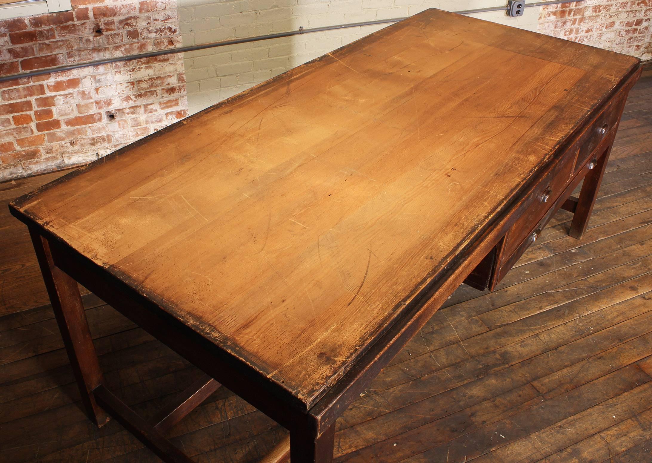Vintage Wooden Draftsman's Desk, Table with Flat File Storage Distressed In Distressed Condition In Oakville, CT