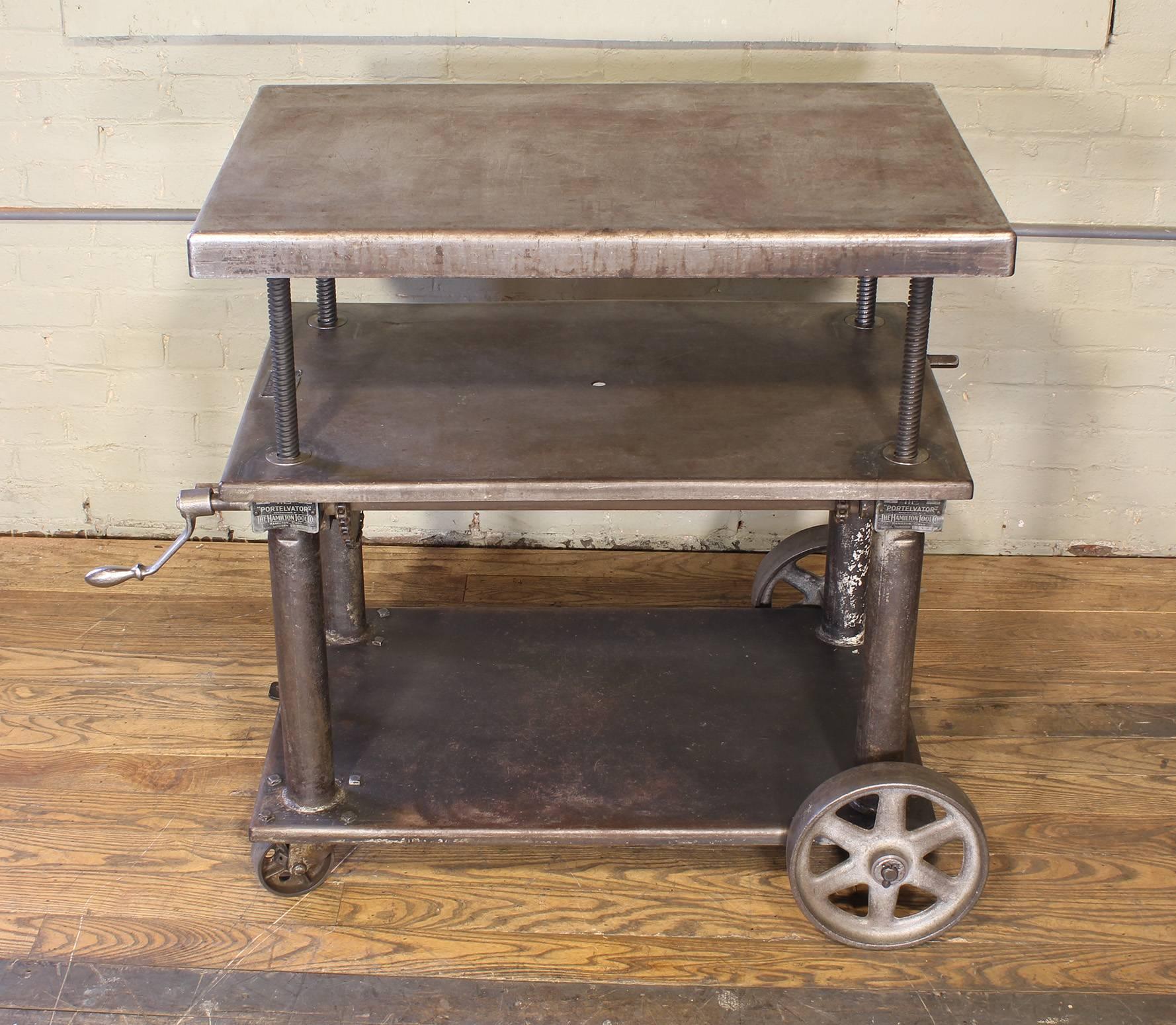 Bar Cart, Rolling Table Vintage Industrial Adjustable Steel Metal In Distressed Condition In Oakville, CT