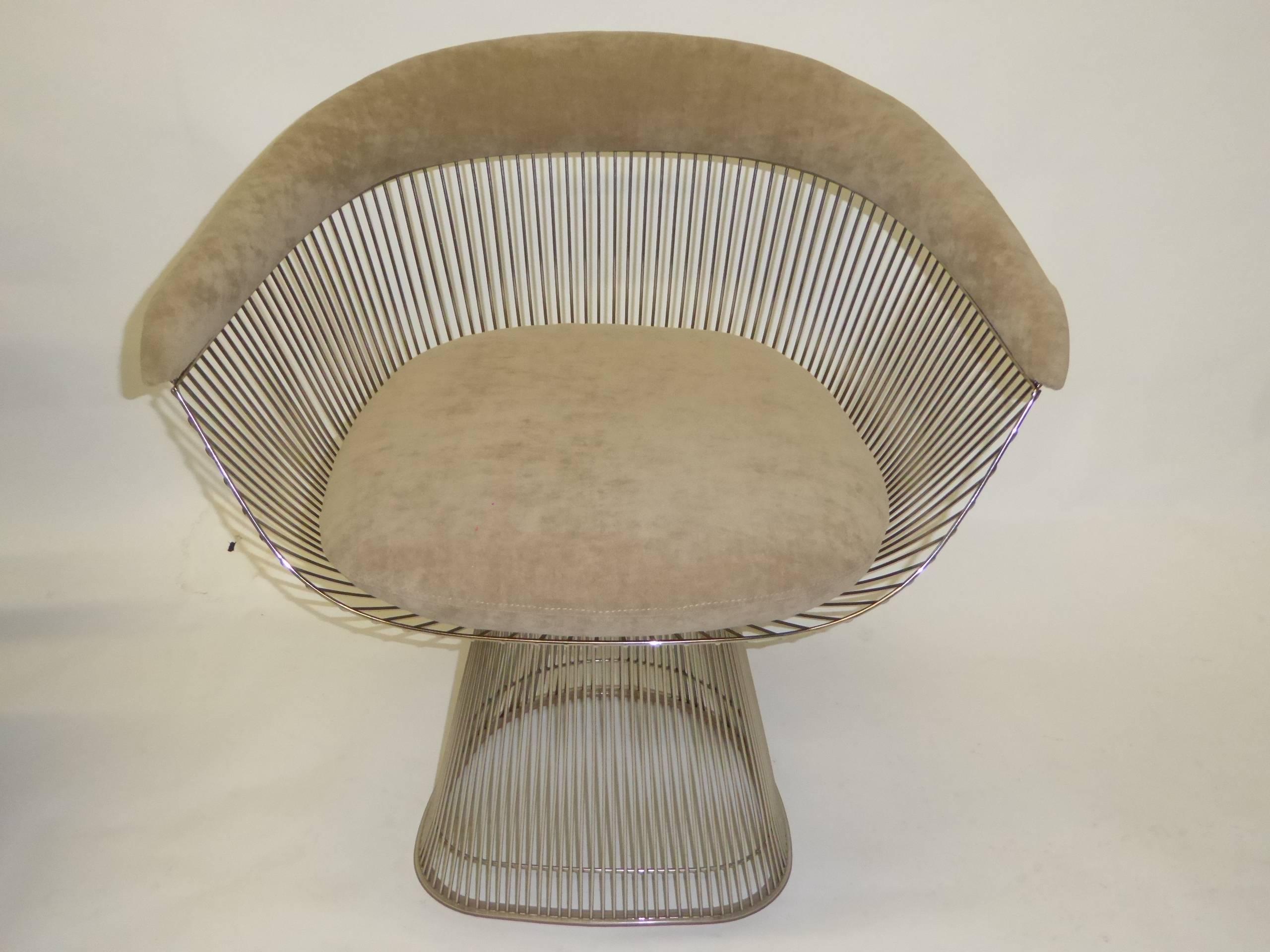 SOLD  Four steel wire Warren Platner armchairs from Knoll in cafe con leche moleskin velvet. Excellent original condition with new fabric.

For trade pricing please contact dealer.

Measurements:
28 1/2