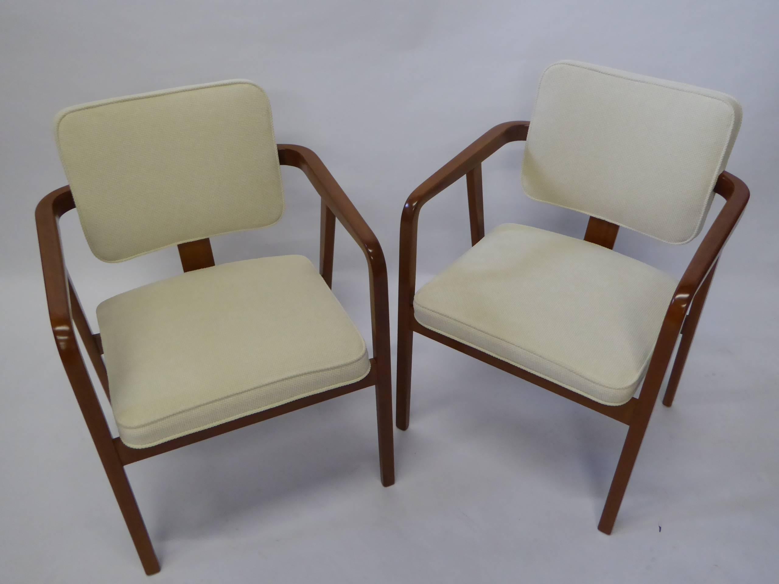 ..SOLD..Pair of George Nelson armchairs designed in 1947 with Ernest Farmer for Herman Miller. Beautifully restored and reupholstered in woven chenille fabric. 
Model 4663.

For trade pricing, please contact dealer.

Measurements:
23