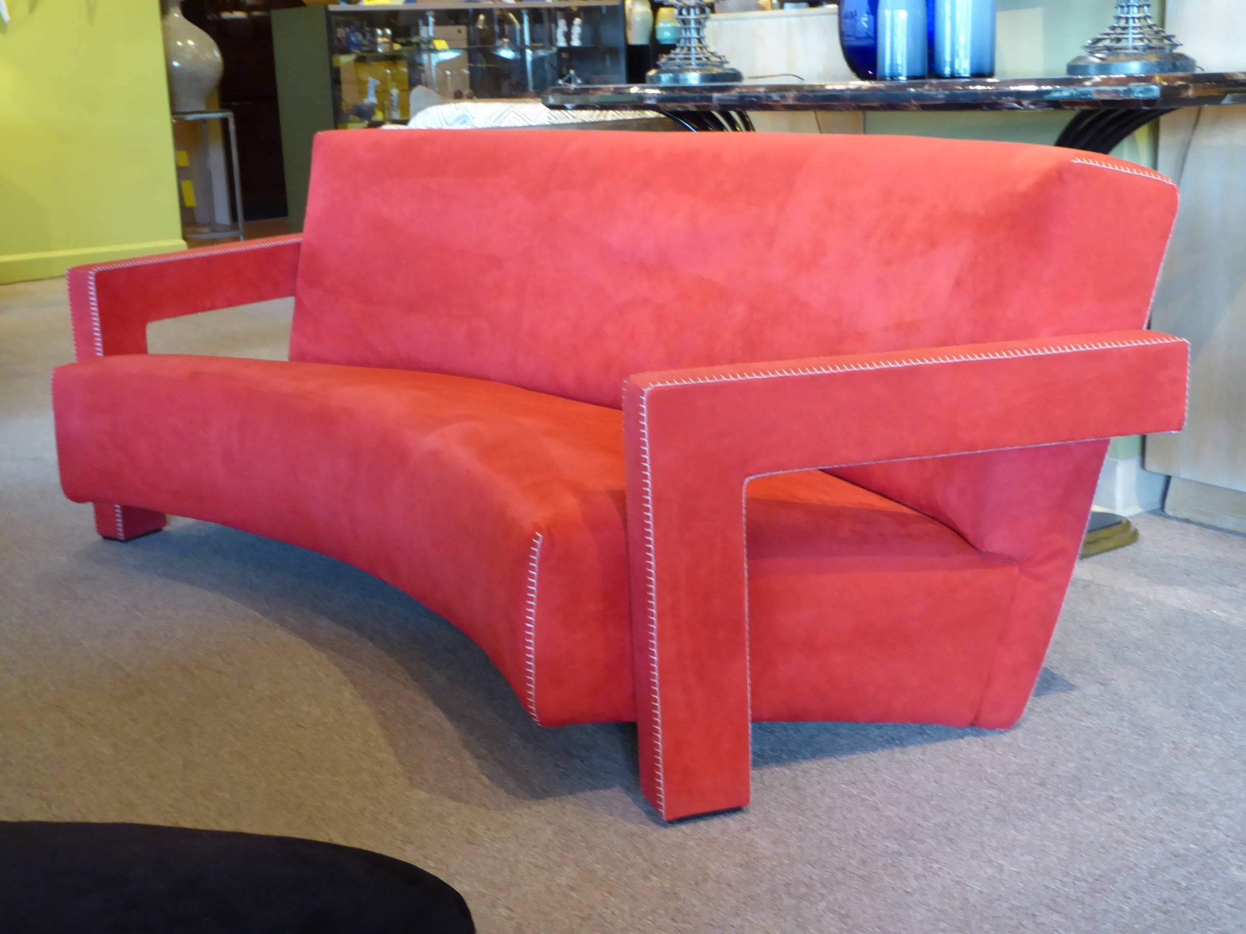 Noted Dutch architect and furniture designer Gerrit Thomas Rietveld designed this Utrecht sofa in 1935, featuring a wonderful curved Silhouette. Cassina in 1988, on the occasion of the 100th anniversary of his birth, re-issued the design. Here in a
