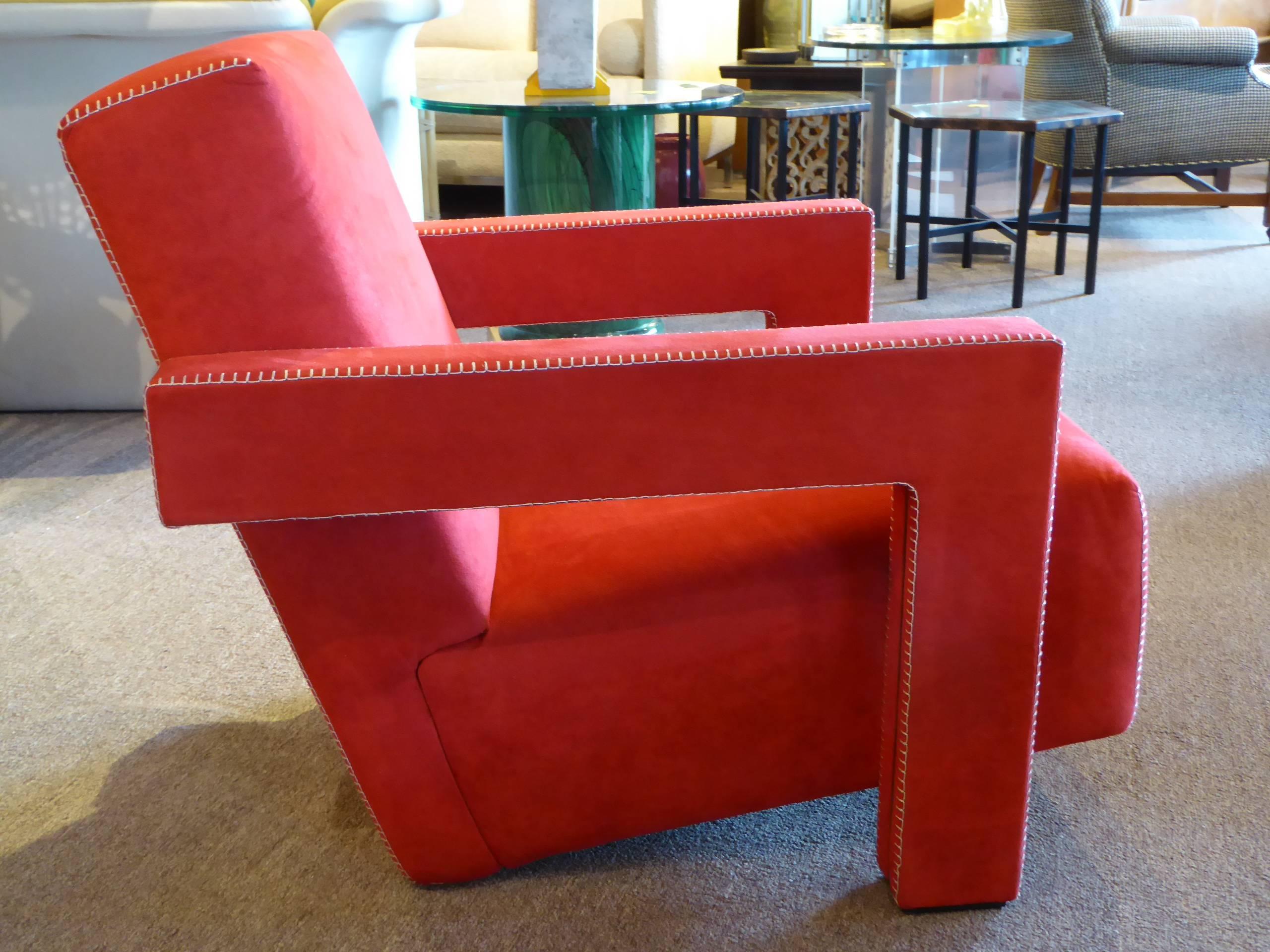 ...SOLD...Noted Dutch architect and furniture designer Gerrit Thomas Rietveld designed this Utrecht chair in 1935. Cassina in 1988, on the occasion of the 100th anniversary of his birth, re-issued the design. Here in a red ultrasuede with white