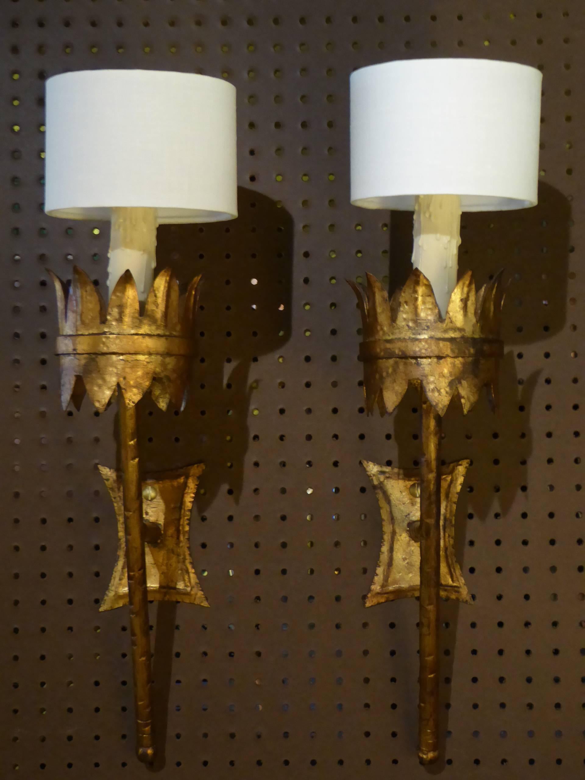 Regal Gilt Metal Gothic Torch Sconces Barcelona In Excellent Condition In Miami, FL