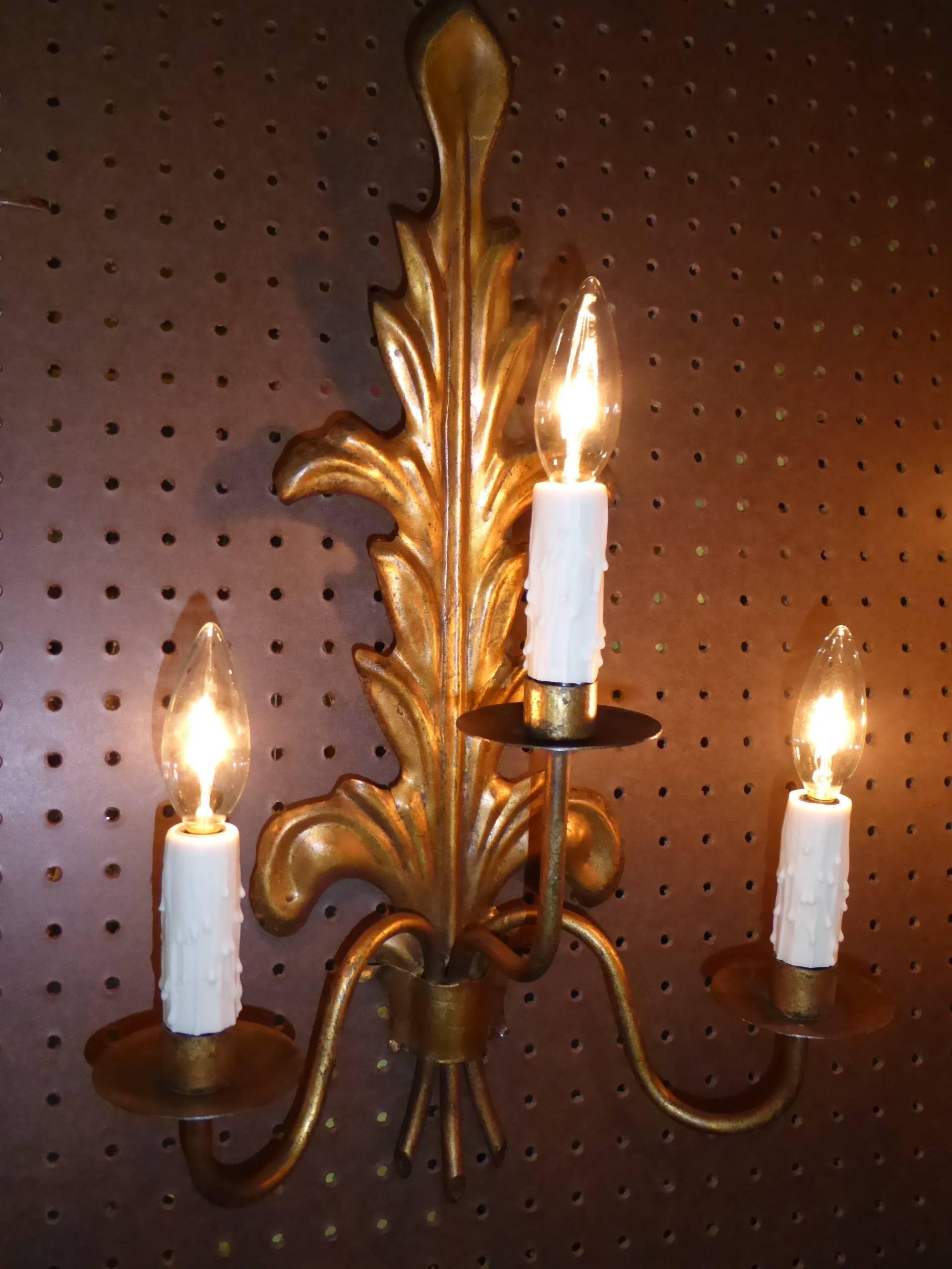 Spanish Modern Pair of Acanthus Leaf Gilt Metal Three-Candle Sconces 1950s For Sale