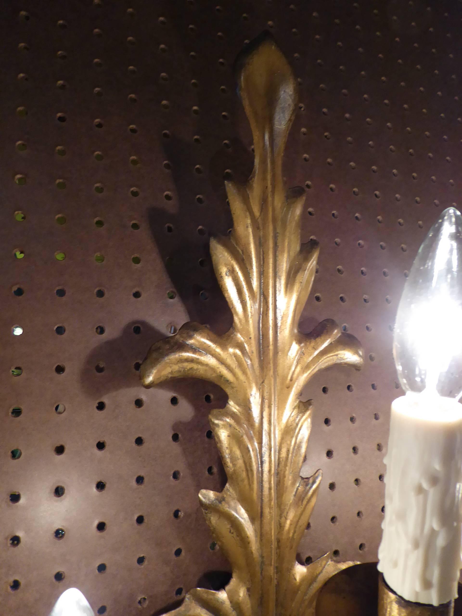 Modern Pair of Acanthus Leaf Gilt Metal Three-Candle Sconces 1950s For Sale 2