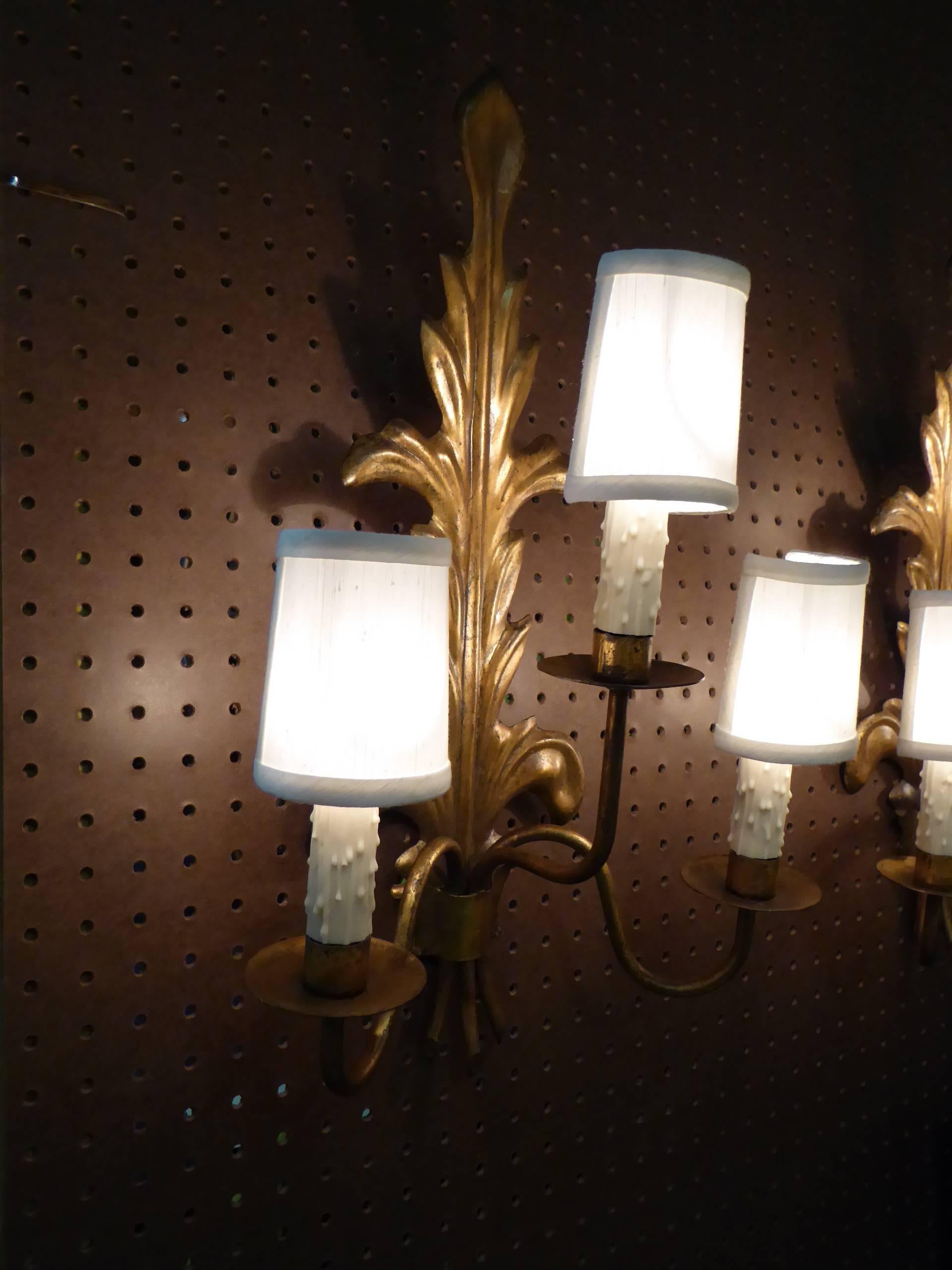 Empire Modern Pair of Acanthus Leaf Gilt Metal Three-Candle Sconces 1950s For Sale